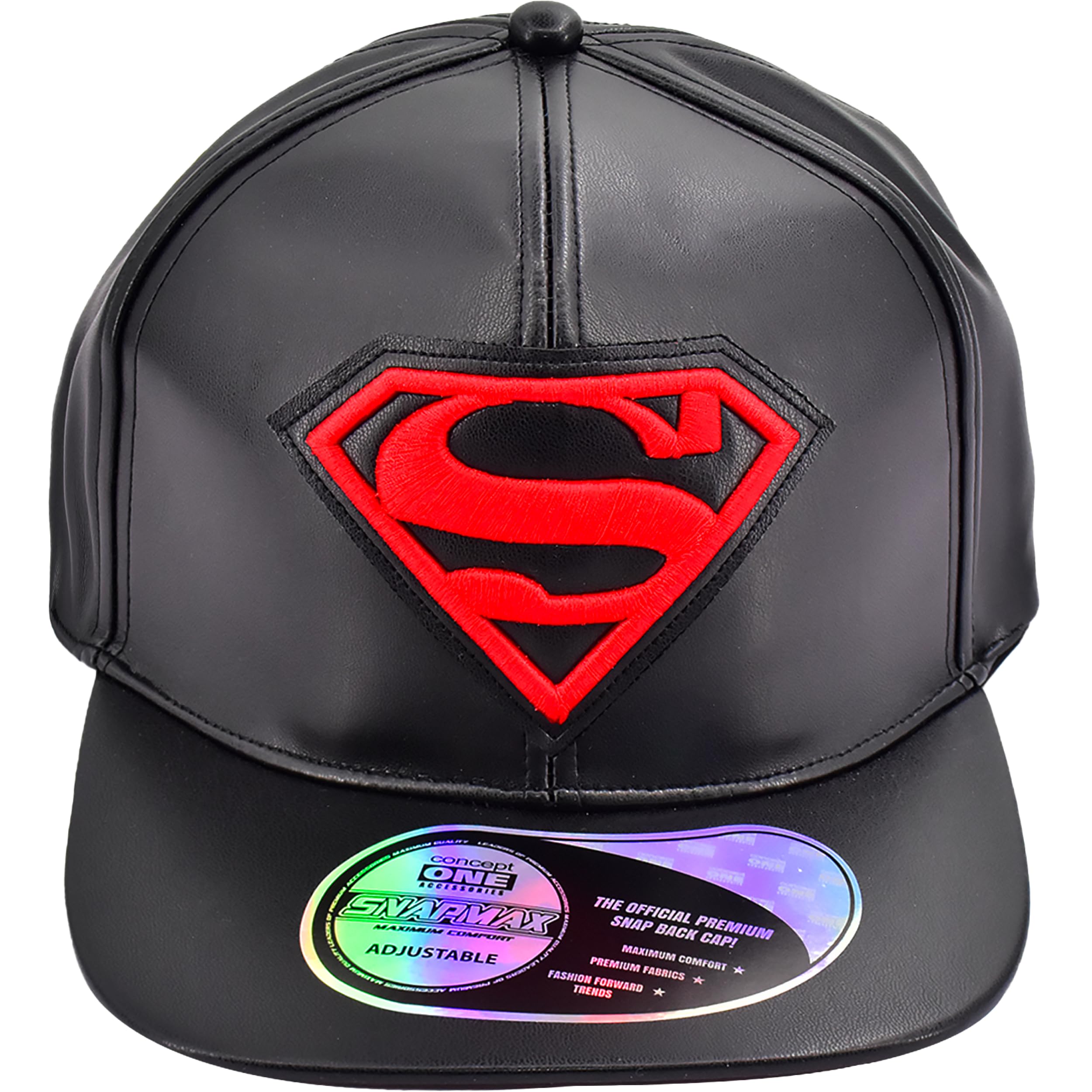 Concept One Unisex's Dc Comics Superman Snapback, Adult Baseball Hat with Flat Brim and 3D Embroidered Shield Logo Cap, Black, One Size