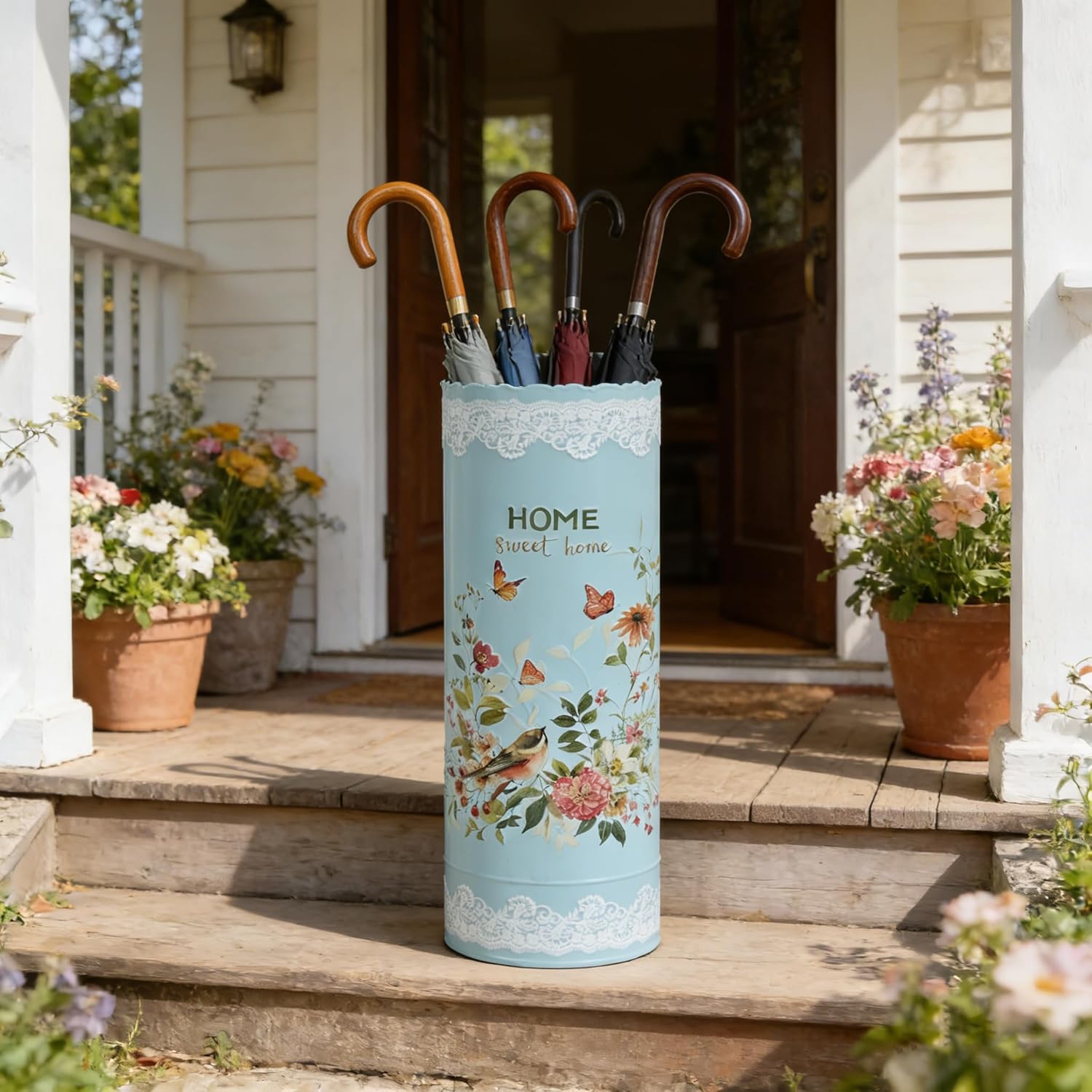 Vintage Metal Umbrella Holder Rustic Round Umbrella Stand Entryway Decorative Organizer Bucket for Home/Office/Farmhouse - Holds Multiple Umbrellas Canes & Walking Sticks (Blue)