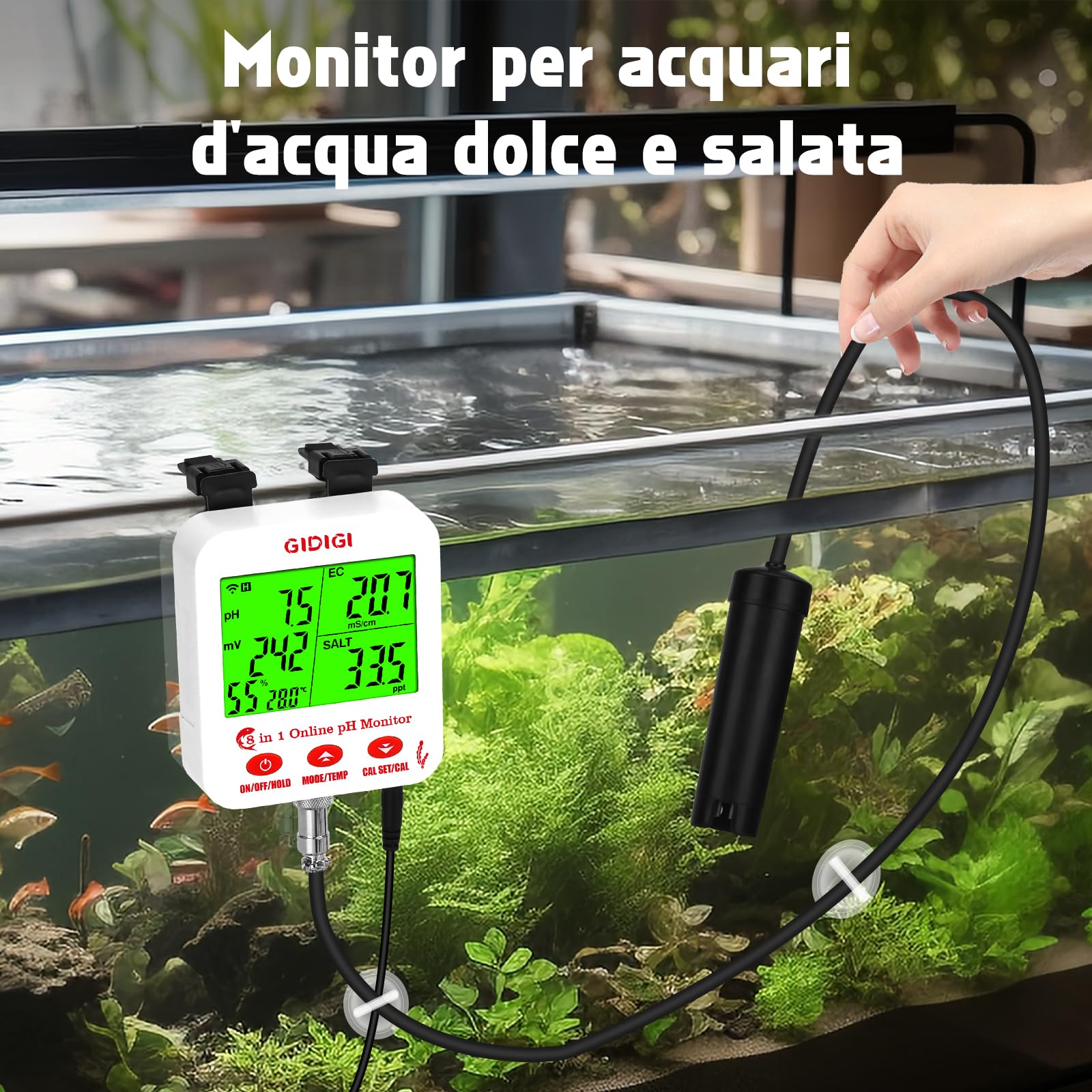 Monitor di pH ppm WiFi, tester intelligente della qualità dell'acqua 8 in 1, misuratore di pH EC idroponico, tester pH TDS EC sale ORP con kit di soluzioni calibrazione, tester salinità per acquari