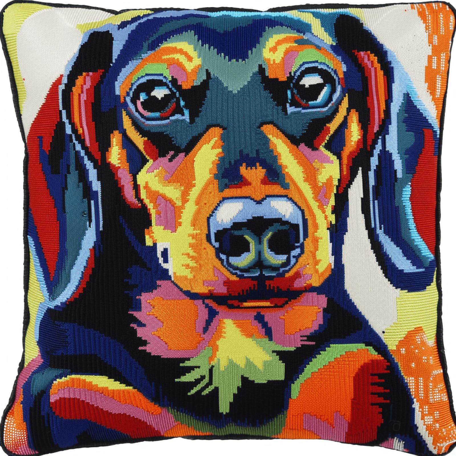 XDEGHUANGSS Colorful Dachshund Latch Hook Cushion Kit 43x43cm, DIY 3D Pillow Cover Kit with Pre-Cut Yarn, Canvas & Tools - Beginner & Adult Craft Set, 17x17 Inch