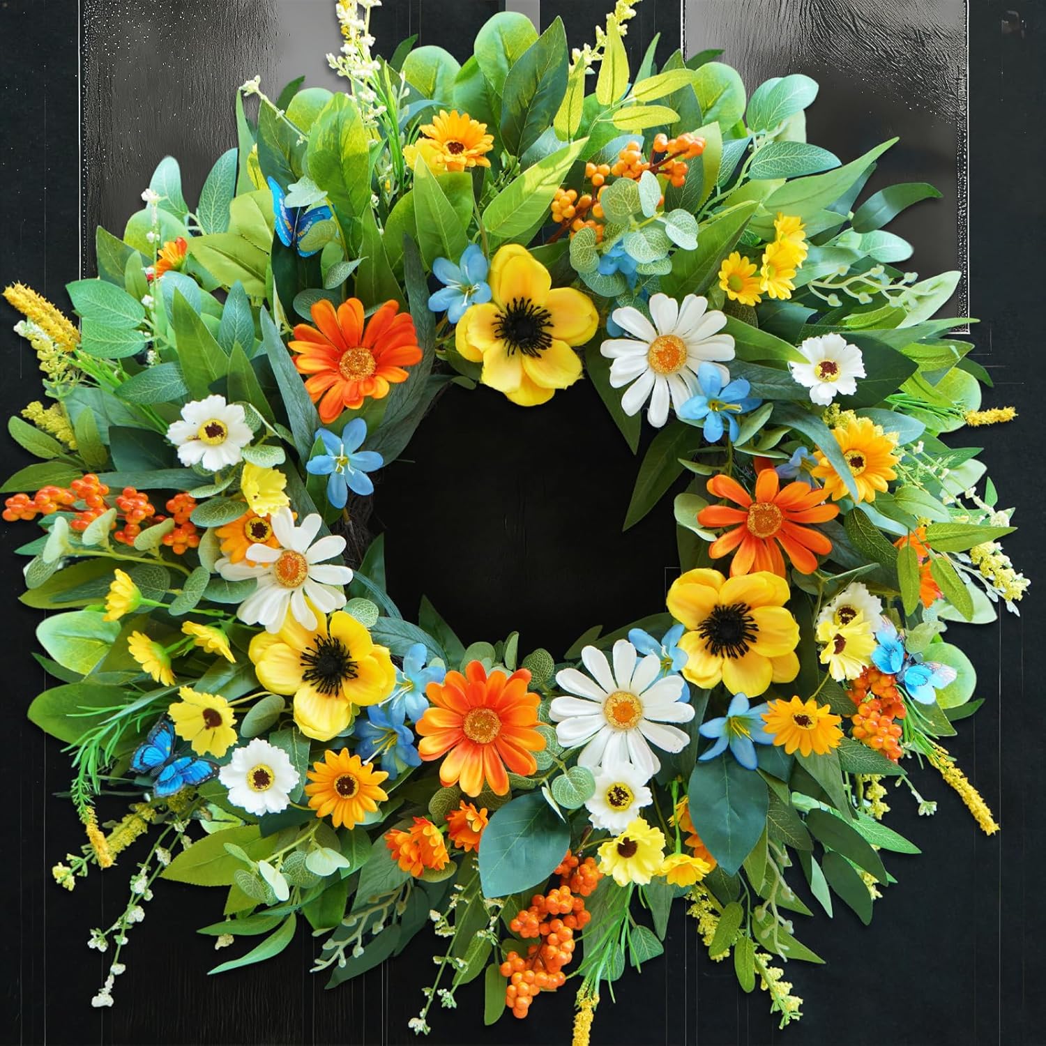 Spring Wreaths for Front Door Outside 24 Inch, Luxury Orange Blue Floral Wreath with Daisies Buttercup & Blue Butterflies, Spring Summer Door Wreath for Porch Home Wall Window Decor Indoor Outdoor Use