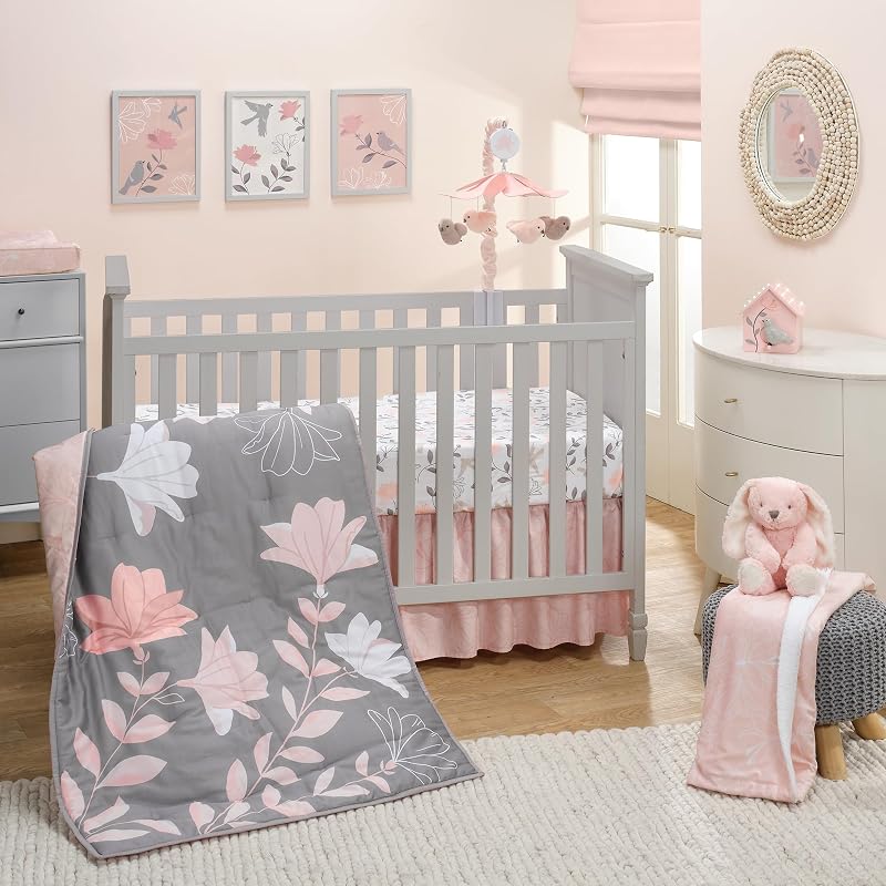 Lambs & Ivy Petals Juego de cama para cuna de bebé de 3 piezas con diseño floral de satén de algodón gris/rosa