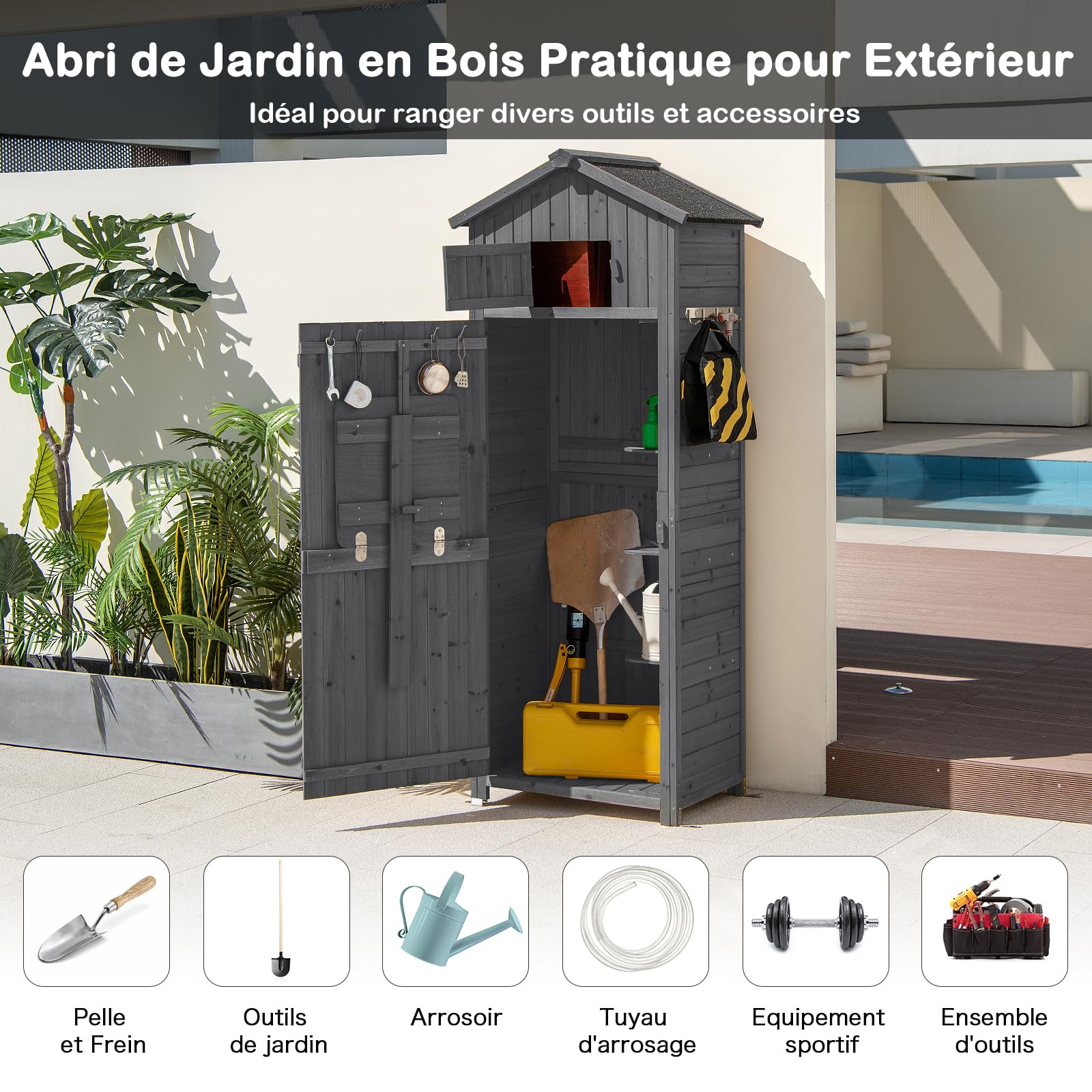 COSTWAY Armoire de Jardin Bois, Abri de Jardin Bois, 3 Étagères Amovibles, Porte avec Loquet, Tablette Pliable, Toit Asphalte, 8 Crochets, Compartiment, Cabanon Jardin Exterieur Bois (Gris)