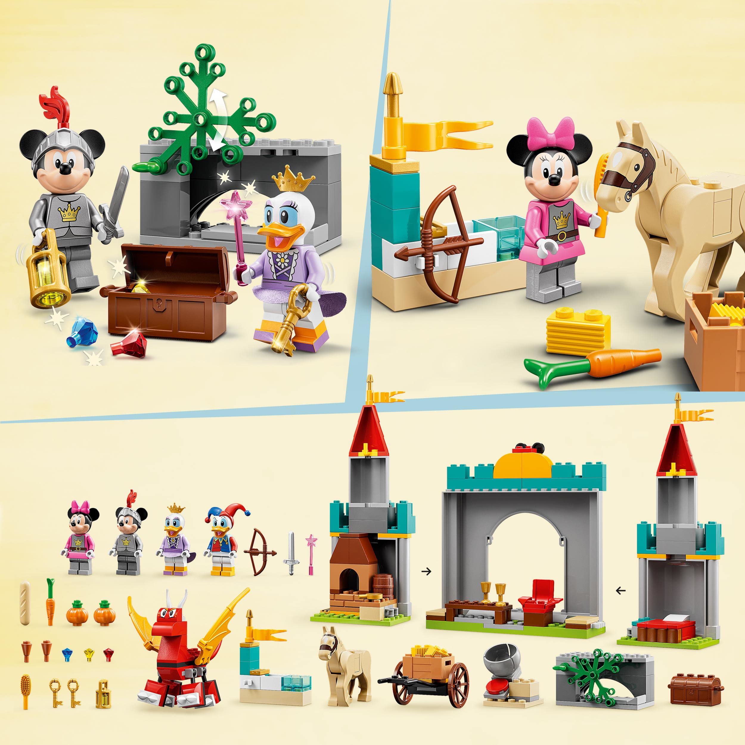 LEGO Disney Topolino e i suoi Amici Paladini del Castello, Set con Edificio con Torri da Costruire, Cavallo, Drago Giocattolo e 4 Minifigure, Giochi per Bambini e Bambine da 4 Anni in su 10780