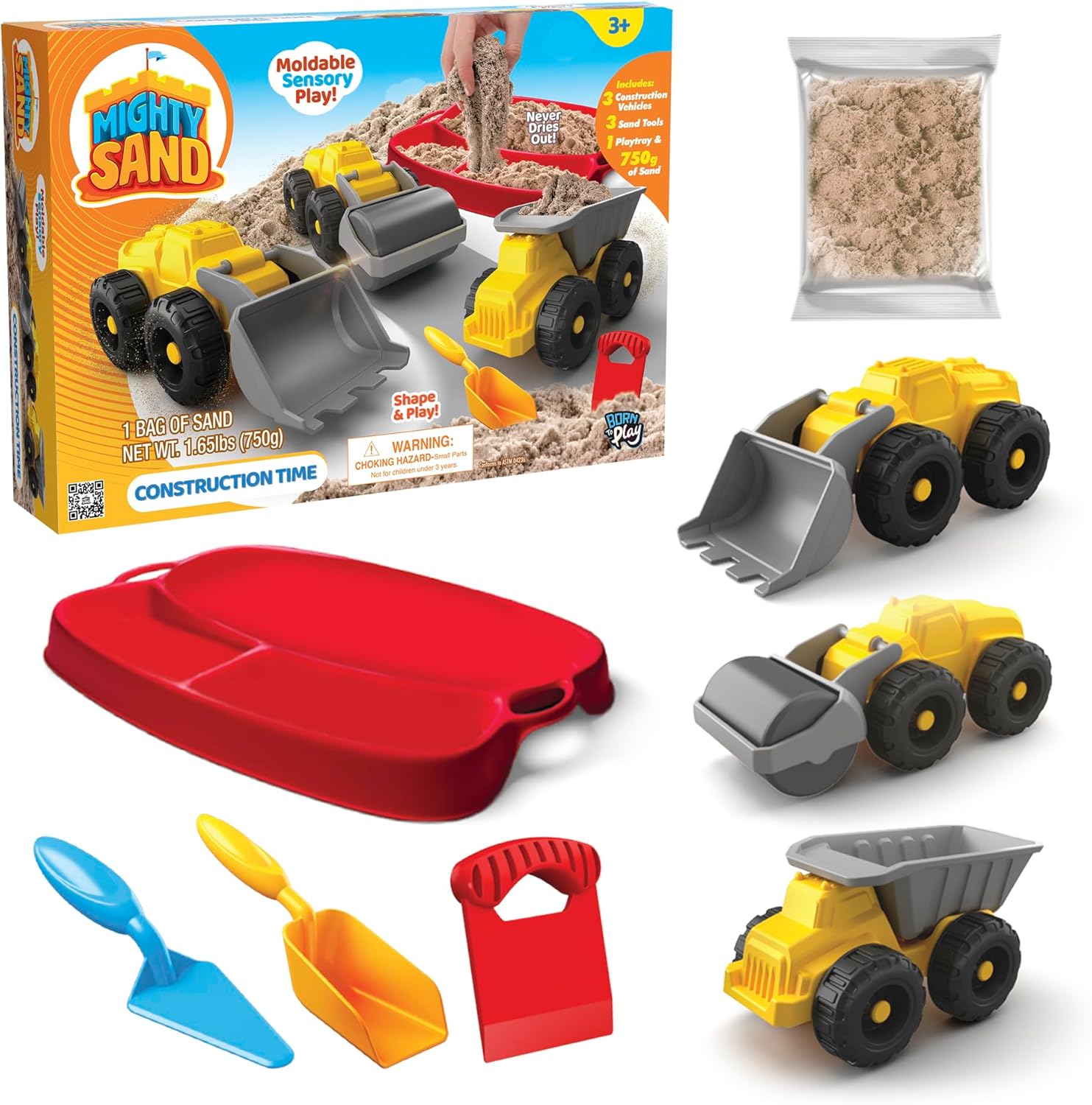 Construction Time Playset for Kids – Soft Moldable Sand, Trucks, Tools & Play Tray for Sensory Building Fun and Imaginative Play Without Mess