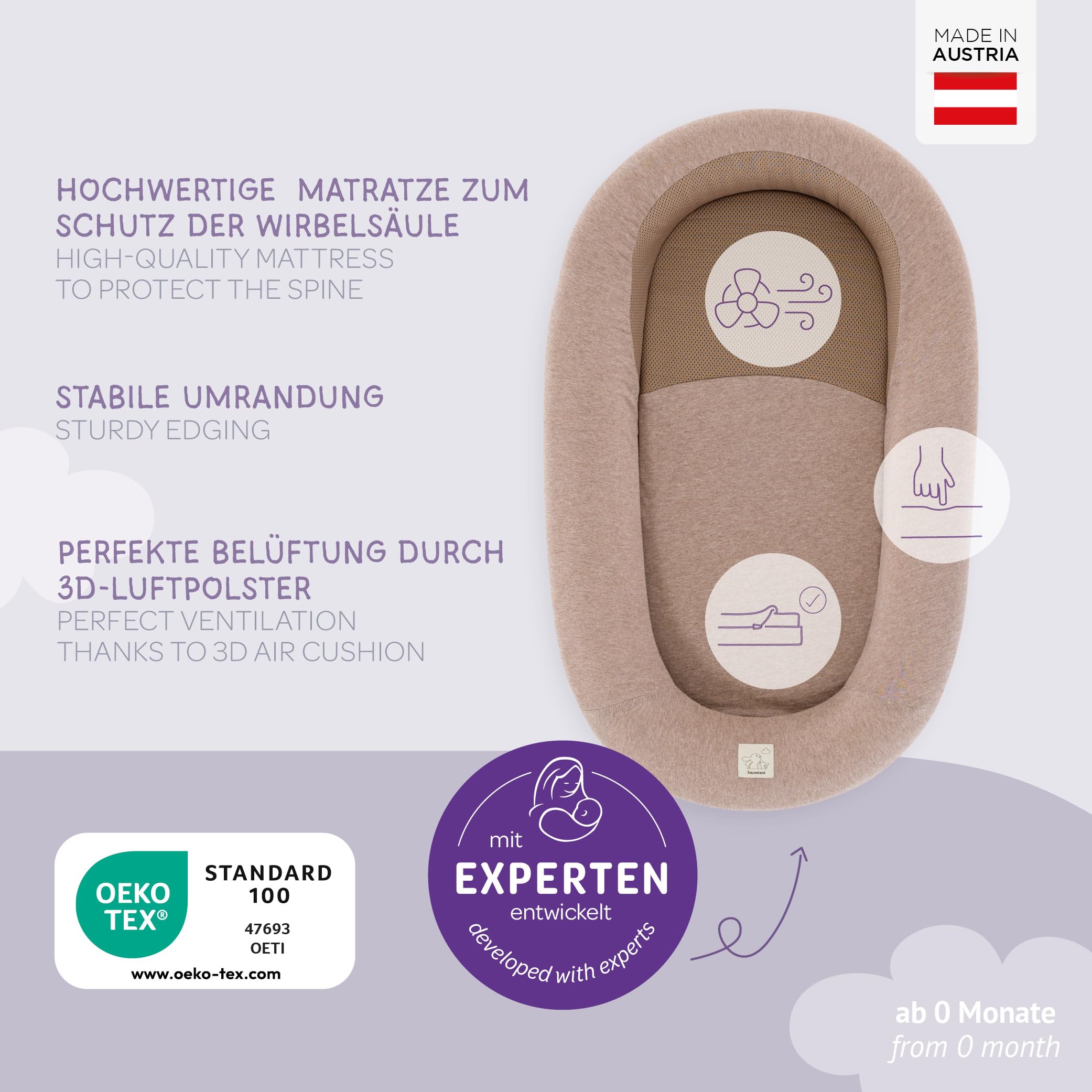 TRÄUMELAND Babynest HOME – atmungsaktives und weiches Babynest mit 3D-Luftpolster – Tragbare Schlafunterlage – Ideal für Neugeborene – Komfort & Sicherheit für Zuhause & unterwegs