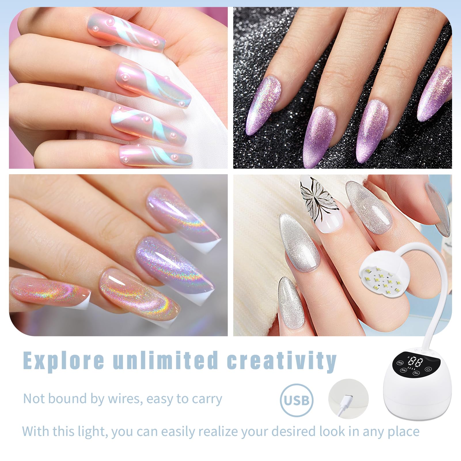 Mini U V LED Nail Lamp with 3 Timers and LCD Display,36W Cordless Flash Cure Gel x Nail Lamp, Auto Sensor Gooseneck Portable USB Gel Nail Dryer U V Light for Home DIY, Pearl White, ML-10003