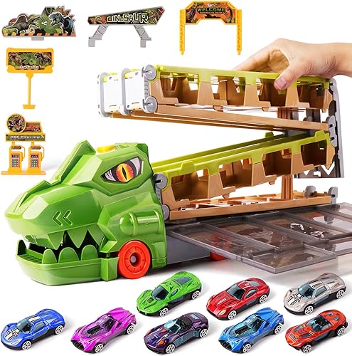 Camión de transporte de dinosaurios, autos de juguete para niños, camión plegable de expulsión de carreras, juguete portátil de almacenamiento de