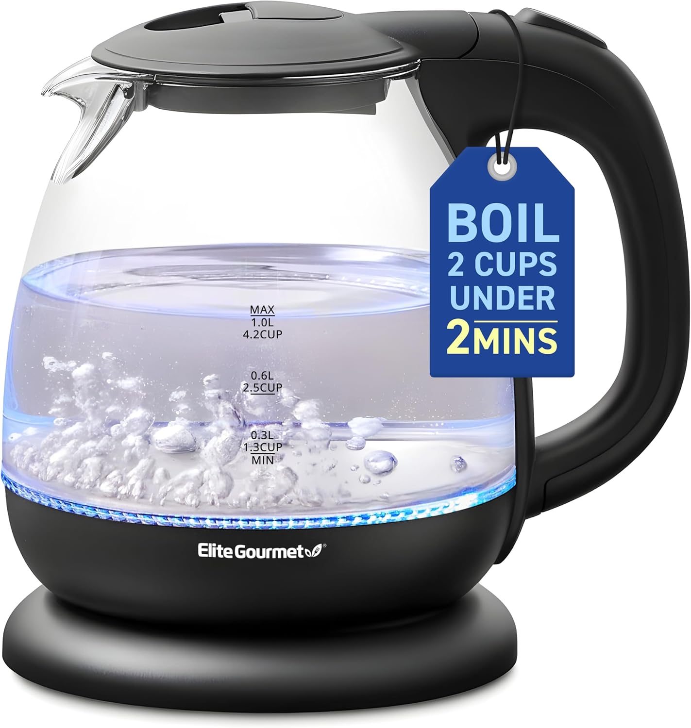 Elite Gourmet EKT1001 Electric 1.0L BPA-Free 1100W Glass Kettle Cordless 360° Base, Stylish Blue LED Interior, Handy Auto Shut-Off Function – Quickly Boil Water For Tea & More, Black - Thumbnail 2