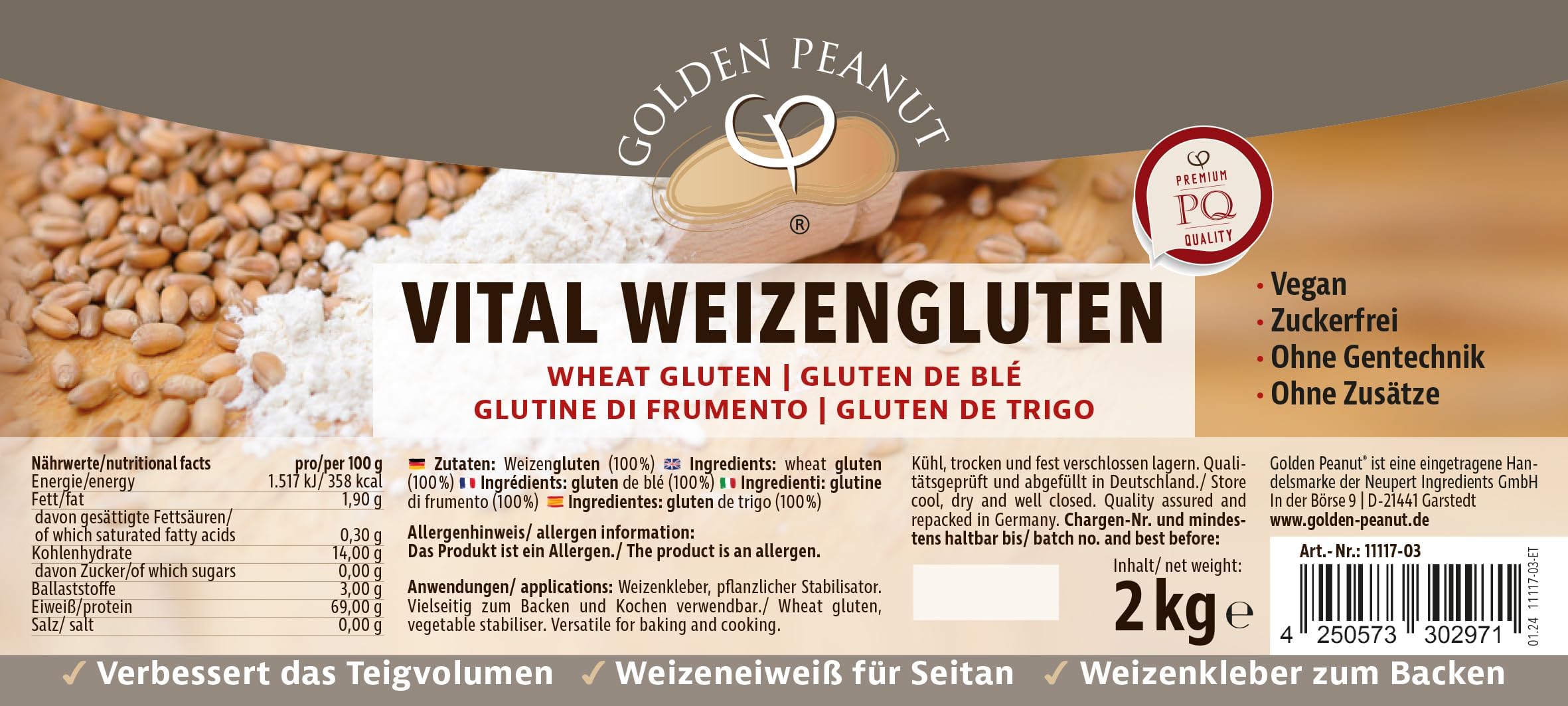 GOLDEN PEANUT Vital gluten pszenny, 2 kg, naturalny środek zagęszczający, czysto roślinny, białko pszenicy, seitan, niskokaloryczna skrobia spożywcza, pieczenie, gotowanie