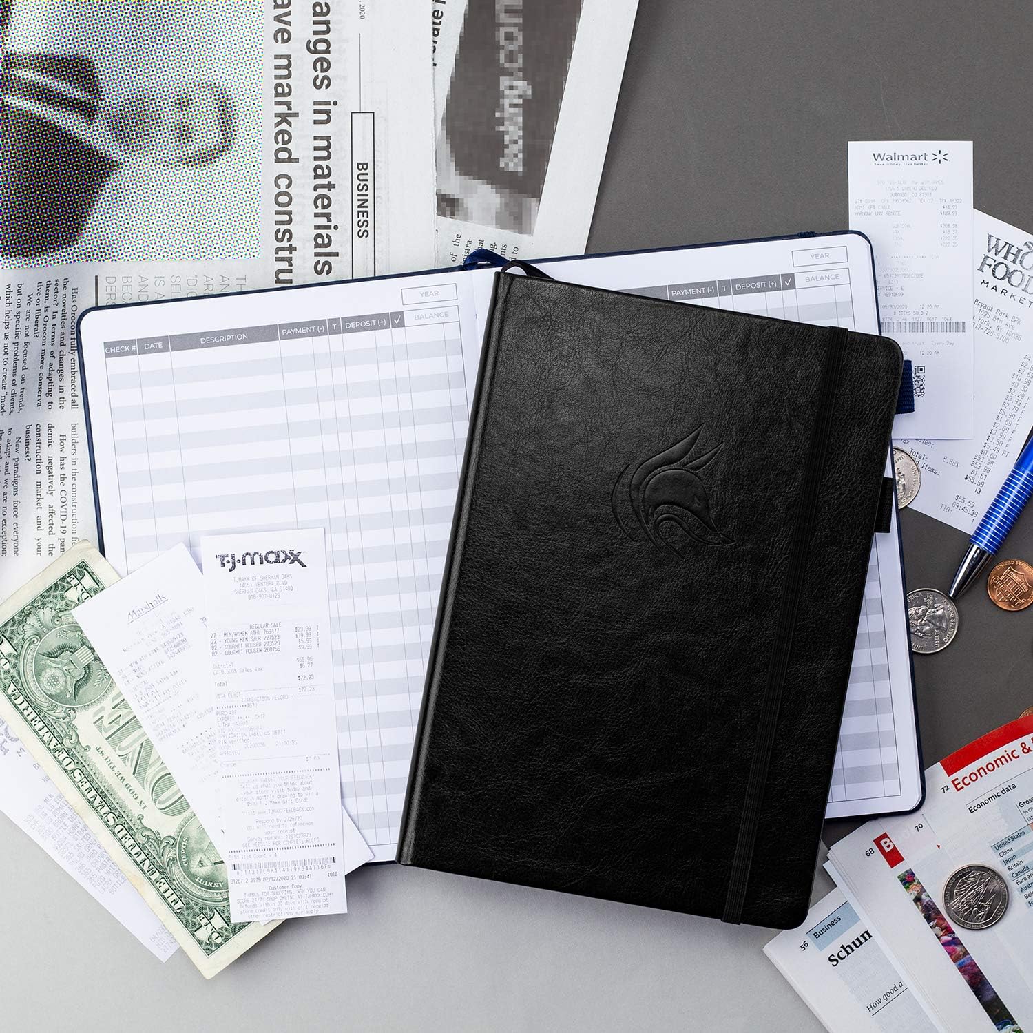Clever Fox Check Register – Deluxe Checkbook Log with Check & Transaction Registers, Bank Account Register Booklets for Personal and Work Use, A5 Hardcover - Black