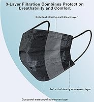 Vista 5 de akgk 200 máscaras faciales desechables, máscara negra, mascarillas desechables de 3 capas