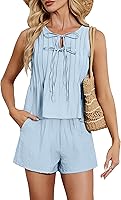 Blooming Jelly Women's Pleated Two-Piece Vacation Set - Lace-Up Resort Wear, Beach Outfits, Summer Cruise Matching Linen-Like Set 2025