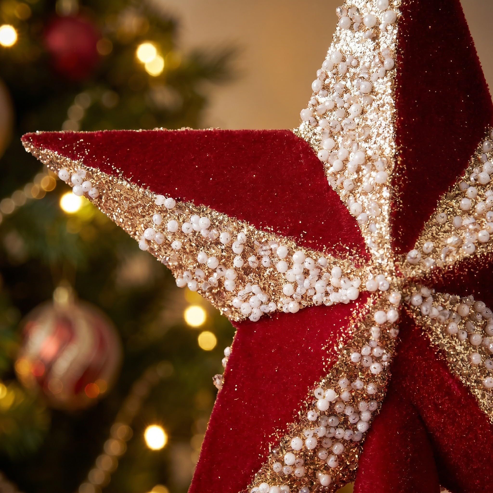 Étoile rouge pailletée pour cime de sapin de Noël, 19,5 cm avec détails | PS Plastique et finition floquée Douille de montage 2 cm pour sapin de Noël, fêtes, maisons et présentations saisonnières