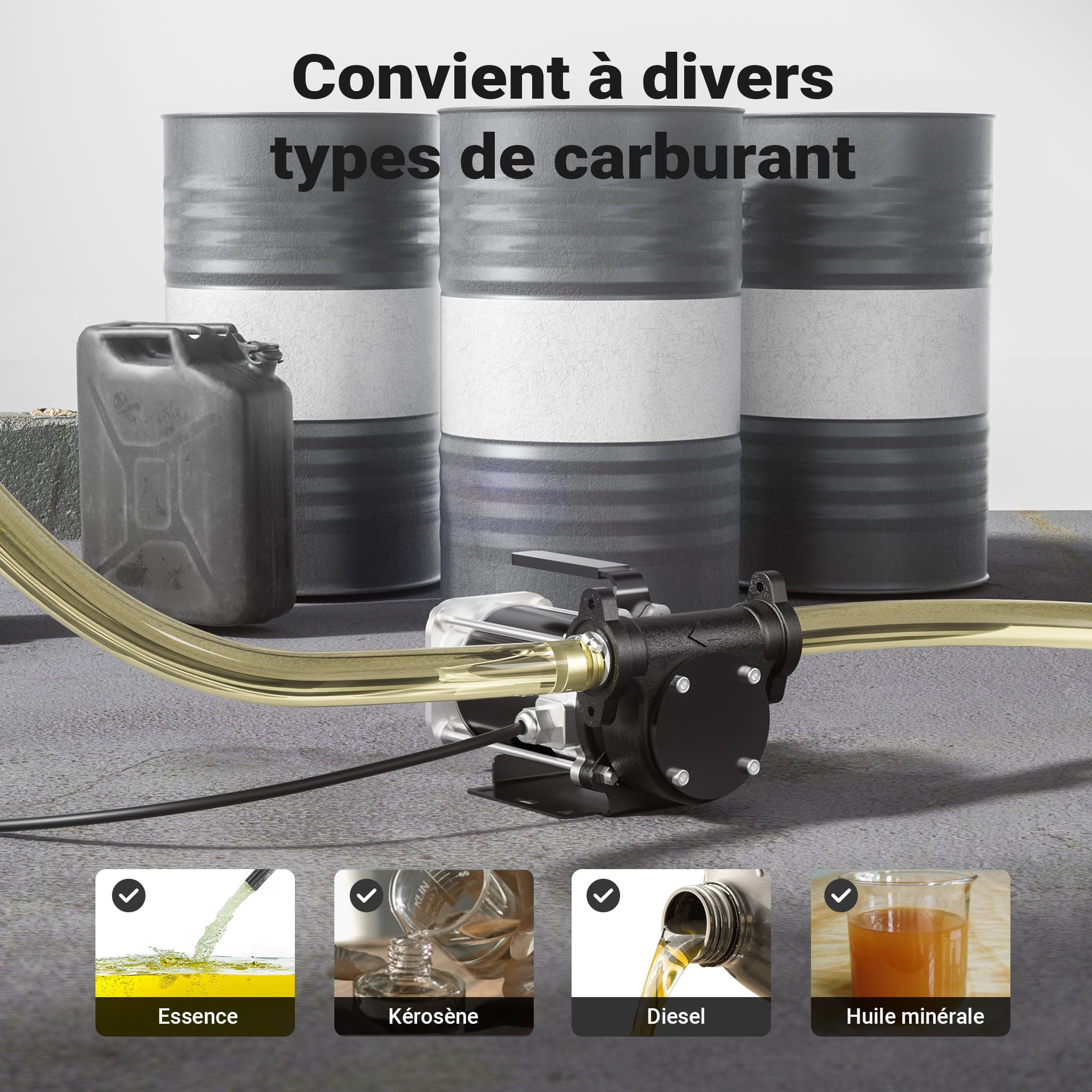 Wiltec Pompe de transfert essence et diesel – pompe 180 W – débit 57 l/min – refoulement max. 12 m, aspiration max. 2 m – Transvasement vide fût