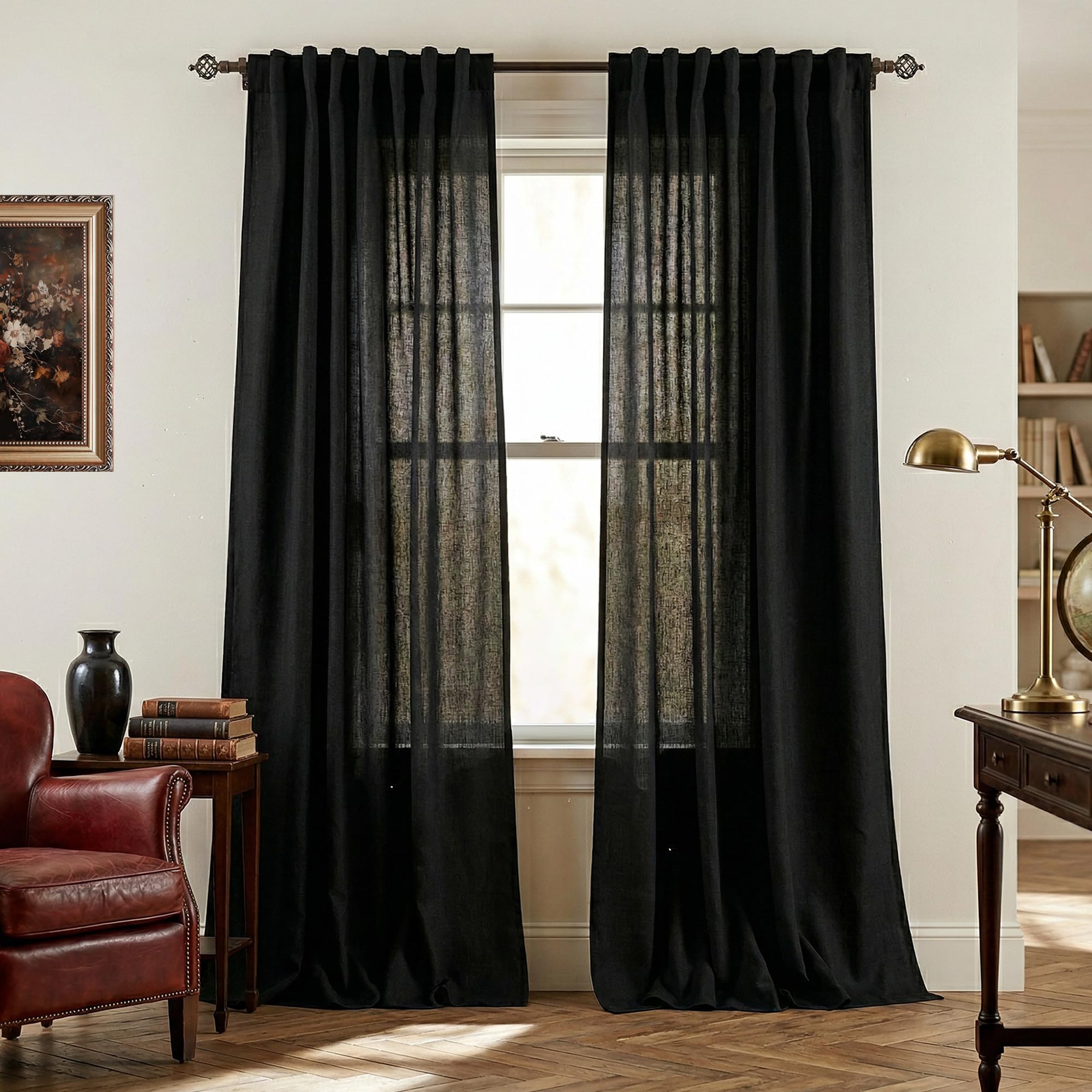Mrs.Naturall Black Linen Curtains 90 Inches Long for Bedroom,Back Tab Privacy Semi Sheer Window Curtain Drapes 90 Inch Length for Living Room 2 Panels Set — image 1