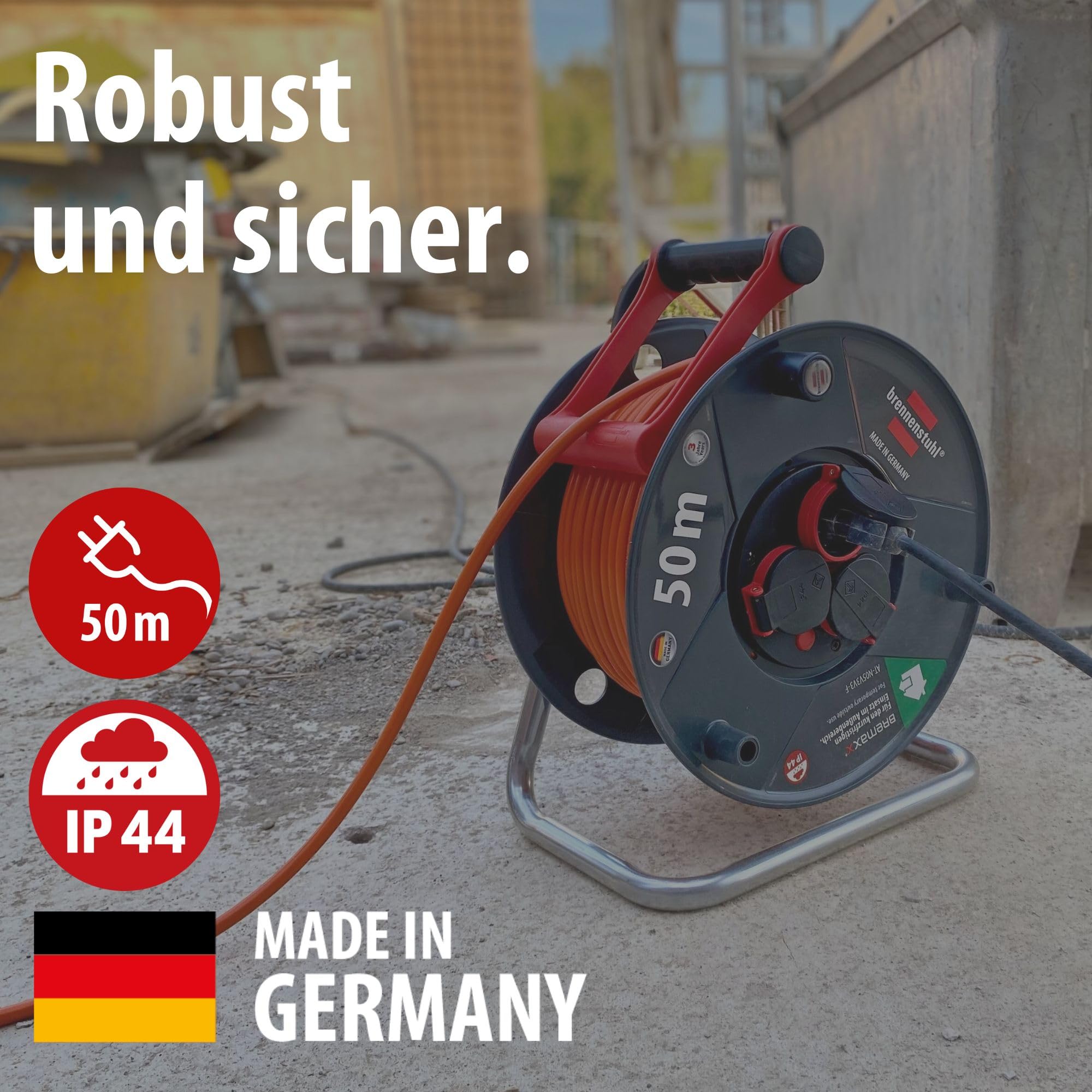 Brennenstuhl Garant V2 IP44 Kabeltrommel 50m Outdoor (Made in Germany, 3 Schutzkontakt-Steckdosen, Überhitzungsschutz, kurzfristiger Einsatz im Außenbereich)