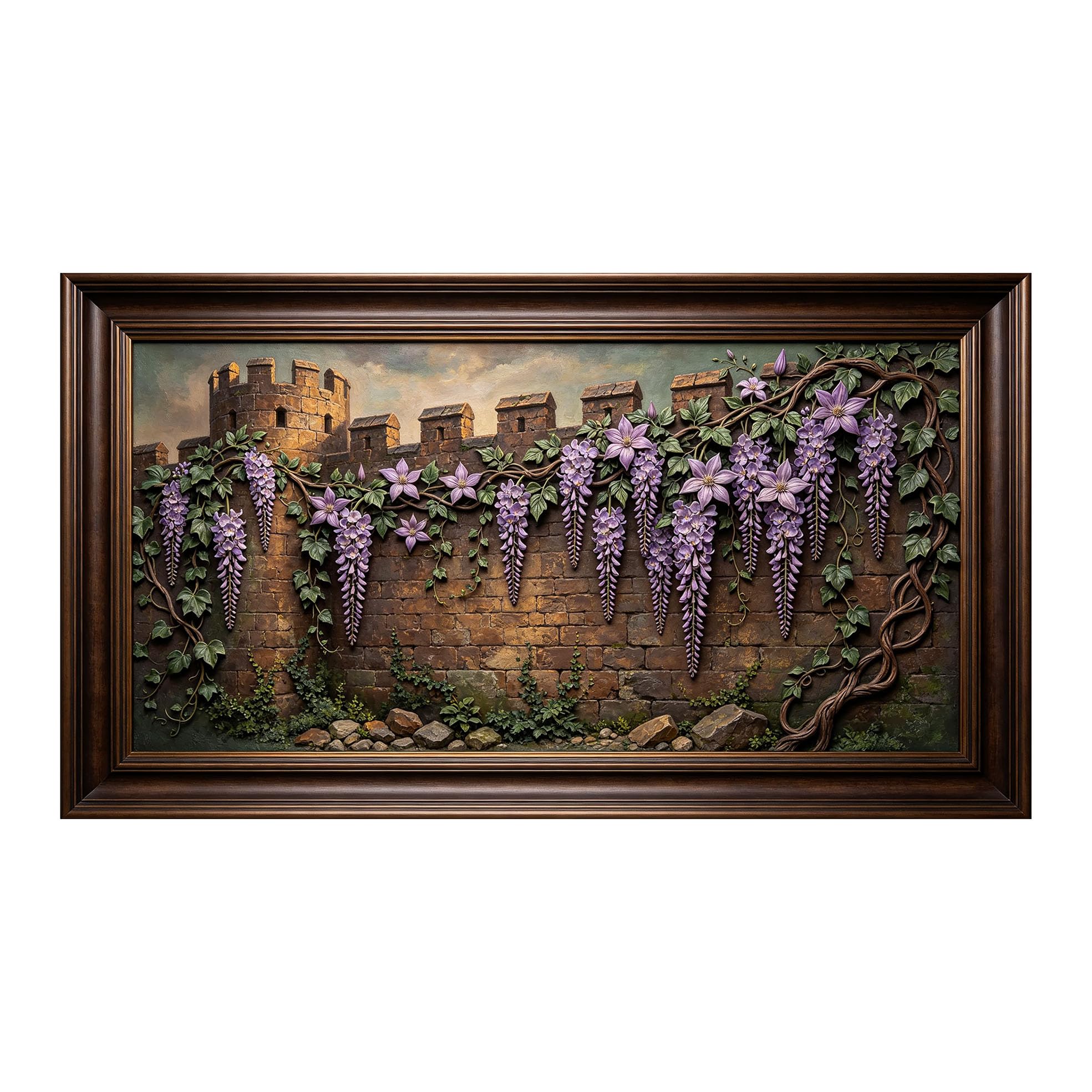 Murasolite 3D Framed Wall Art Wisteria Vine on Stone Castle Wall European Classic Relief Effect SelfAdhesive Fabric Mural Wall Decor,No Damage to Wall,AntiFall Safe Design for Bedroom Living Room