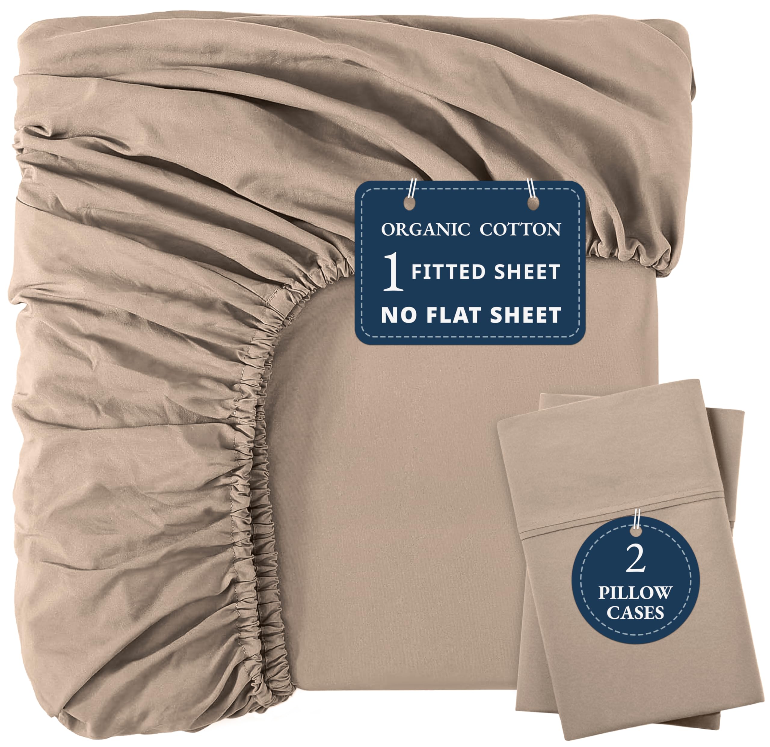 LANE LINEN King Fitted Sheet, 100% Organic Cotton, 3-Piece Set (1 Fitted Sheet,2 Pillowcases), Percale Weave, Ultra Soft, Breathable,Fits Mattress Upto 15" Deep - Taupe (No Flat Sheet)