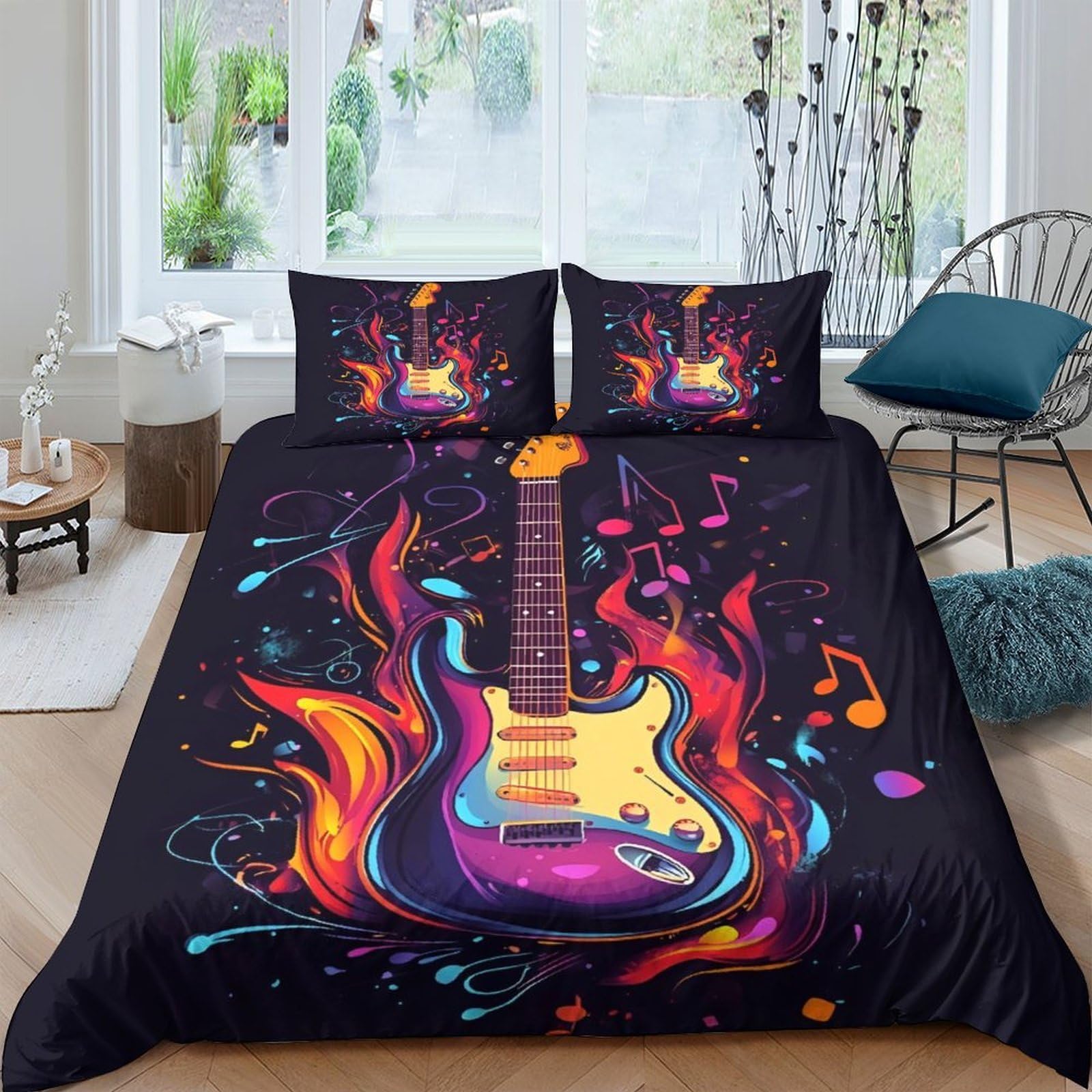 GPLZQXKJNH 3D Printed Electric Guitar Duvet Cover Set Microfiber Soft Breathable Colourful Fire Quilt Cover with 2 Pillowcases for Bedroom Decor Single（135x200cm）