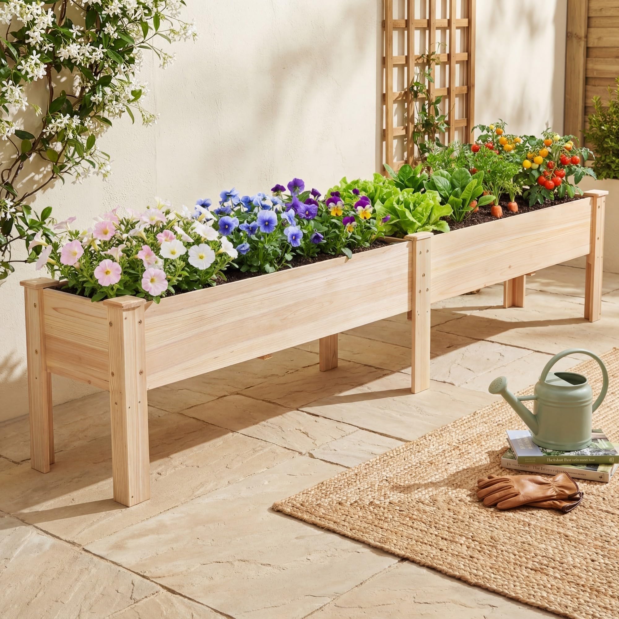 HOMASIS Jardinière Surélevée avec Étagère, Bac à Plantes en Bois de Sapin avec Trou de Drainage, Parterre de Fleurs Surélevé pour Jardin, Balcon, Terrasse (Naturel, 240 x 43,5 x 51,5 cm)