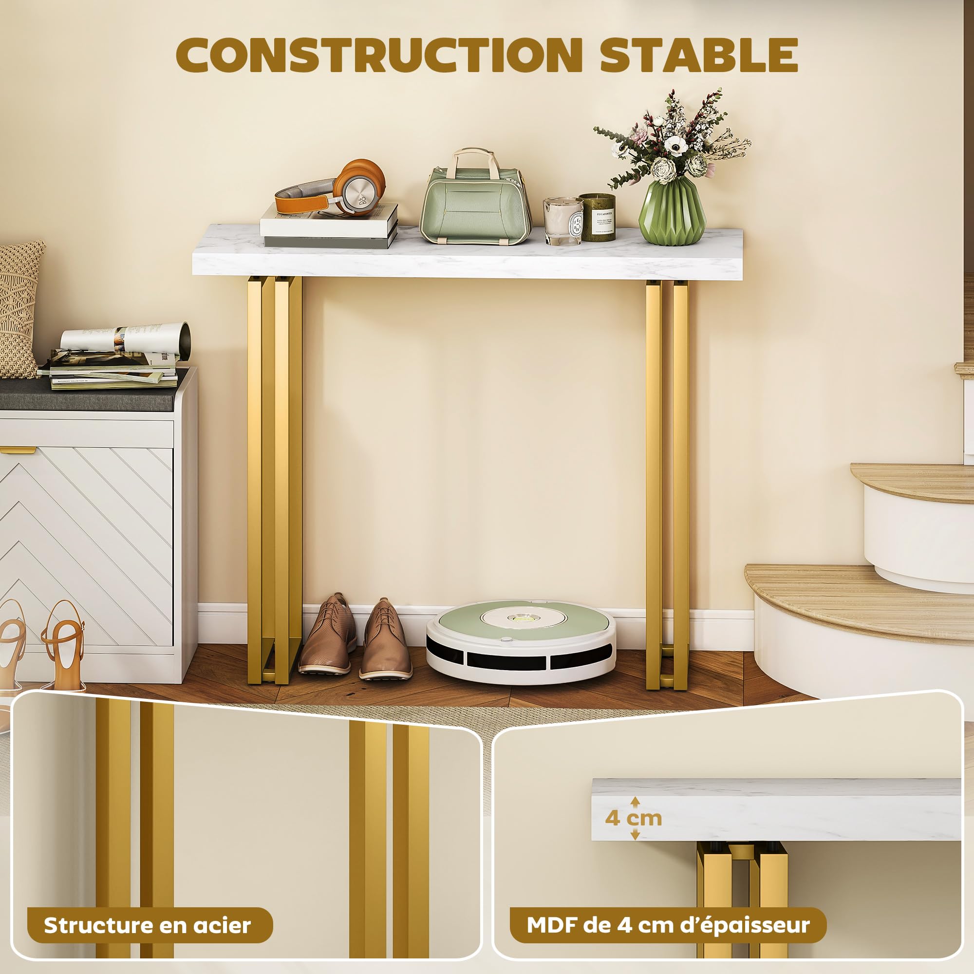 HOMCOM 100cm Tavolo console finto marmo anti-ribaltamento Bianco | Tavolo stretto ingresso, telaio acciaio, moderno tavolo divano lungo sottile, corridoio, soggiorno