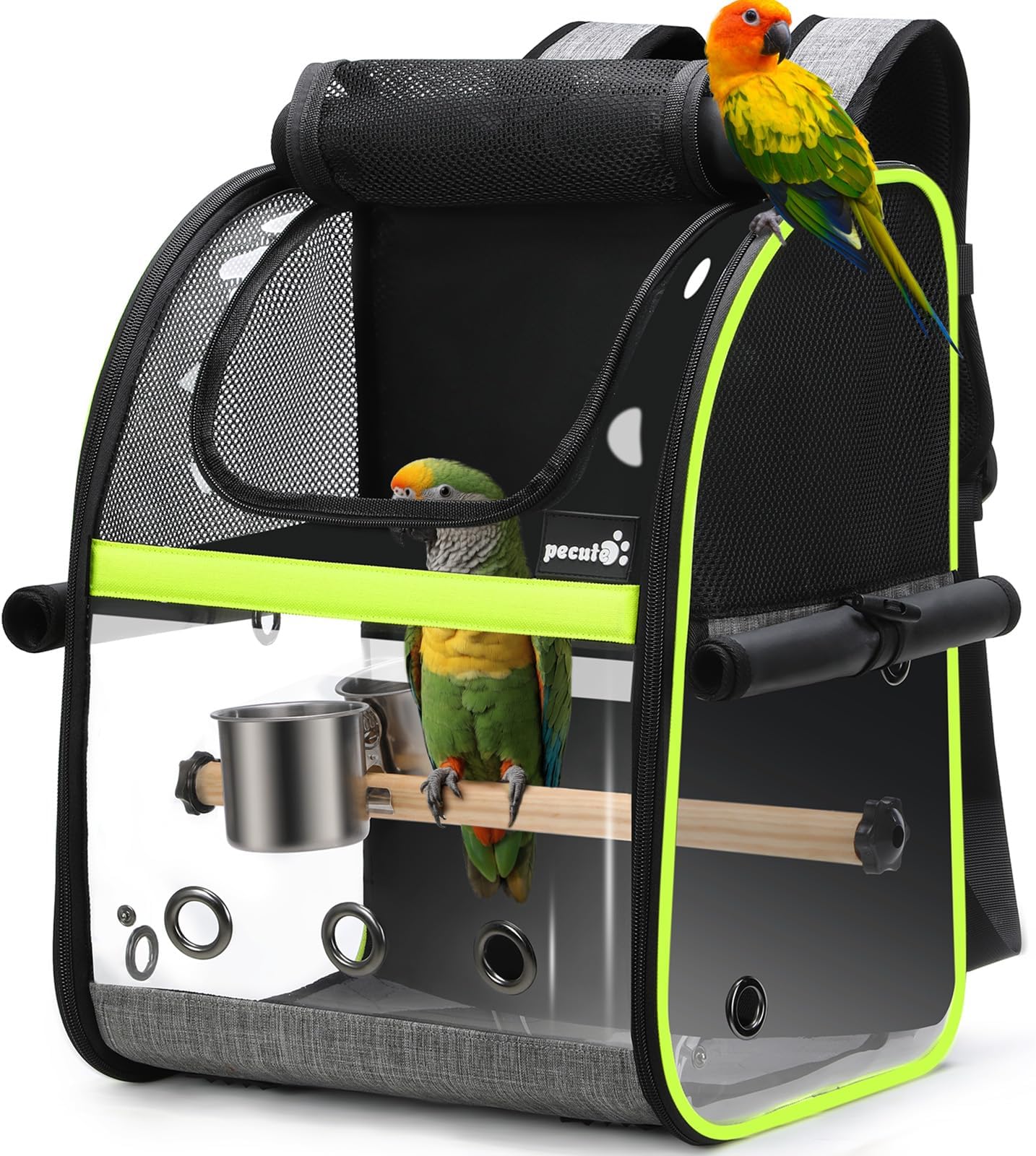 Bird Carrier Backpack, Parrots Bird Backpack with Visible Window, Adjustable Height Standing Perch, Feeding Cans, Waterproof Pads, Lightweight Foldable Birds Travel Cage for Hiking Camping