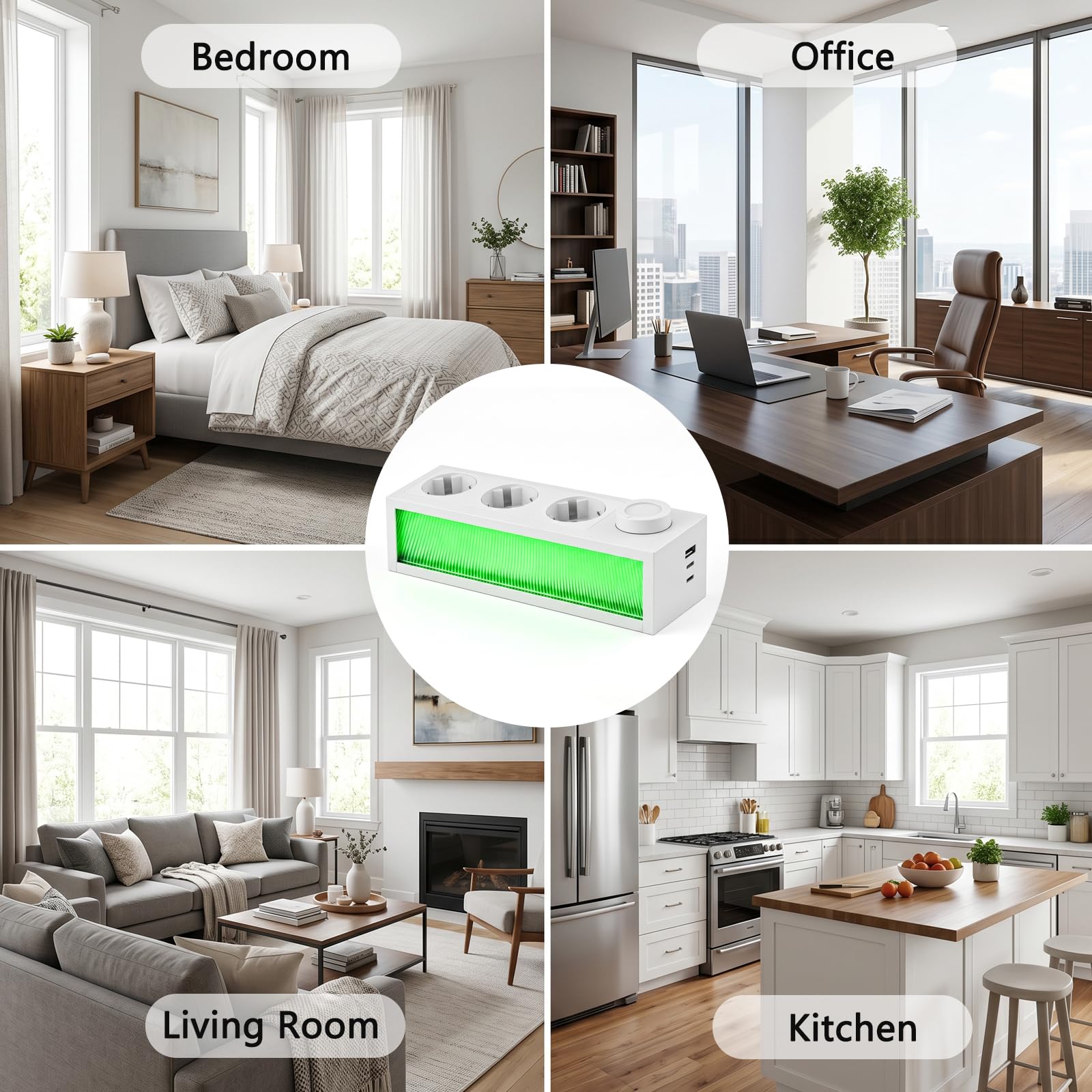 Listwa zasilająca z białym światłem RGB, 7 w 1 gniazdo wtykowe (3 gniazda, 3 USB), gniazdko + światło neonowe + lampka nocna, 3680 W, wtyczka wielokrotna z ochroną przed przepięciem, kabel 1,5 m, do