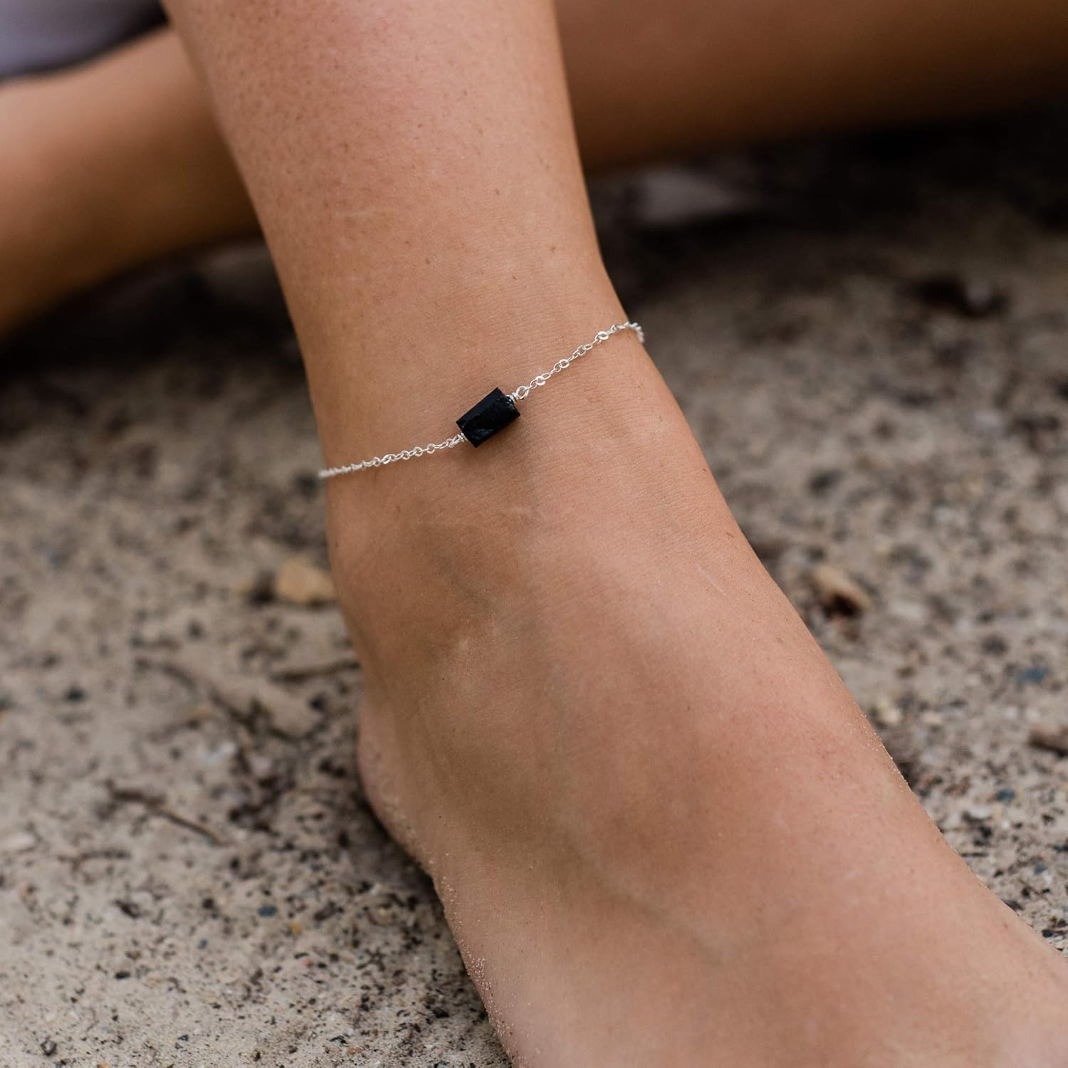 Luna Tide Black Tourmaline Raw Nugget Anklet in Sterling Silver