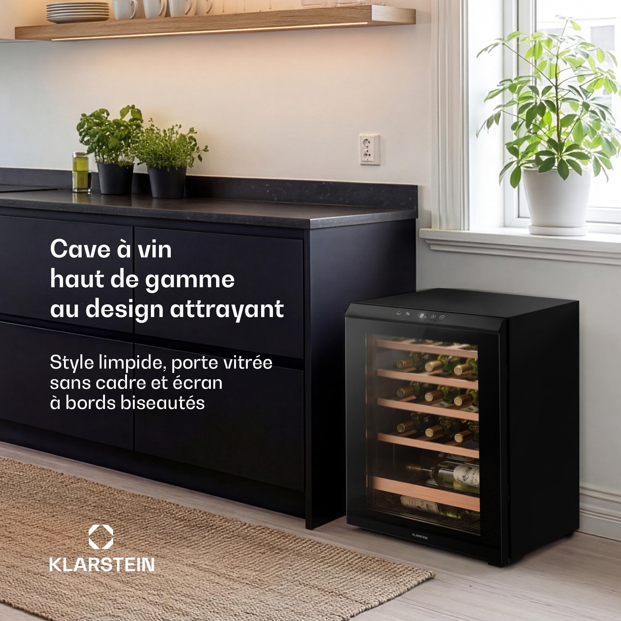 KLARSTEIN Bevora Réfrigérateur à vin 20 bouteilles – Cave à vin sur pied, commande tactile 4-18 °C, porte vitrée anti UV, éclairage LED, clayettes en bois