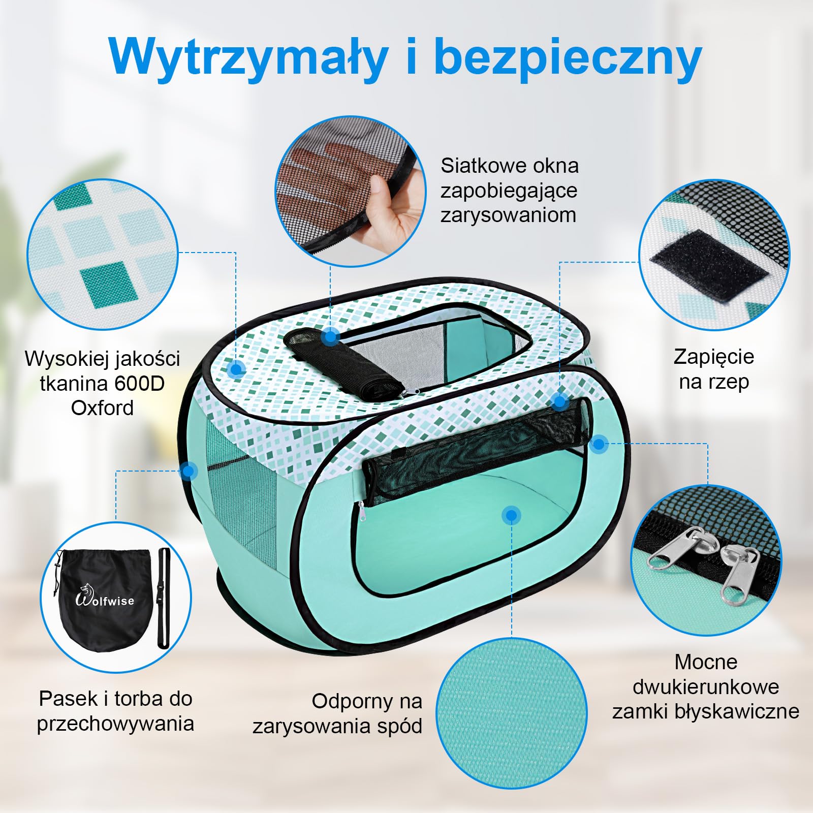 Wolfwise kojec dla zwierząt, przenośna klatka, 600D Oxford, przenośna klatka dla szczeniąt, klatka dla kota do użytku na zewnątrz podczas podróży kempingowych z torbą do przenoszenia, Średni, zielony