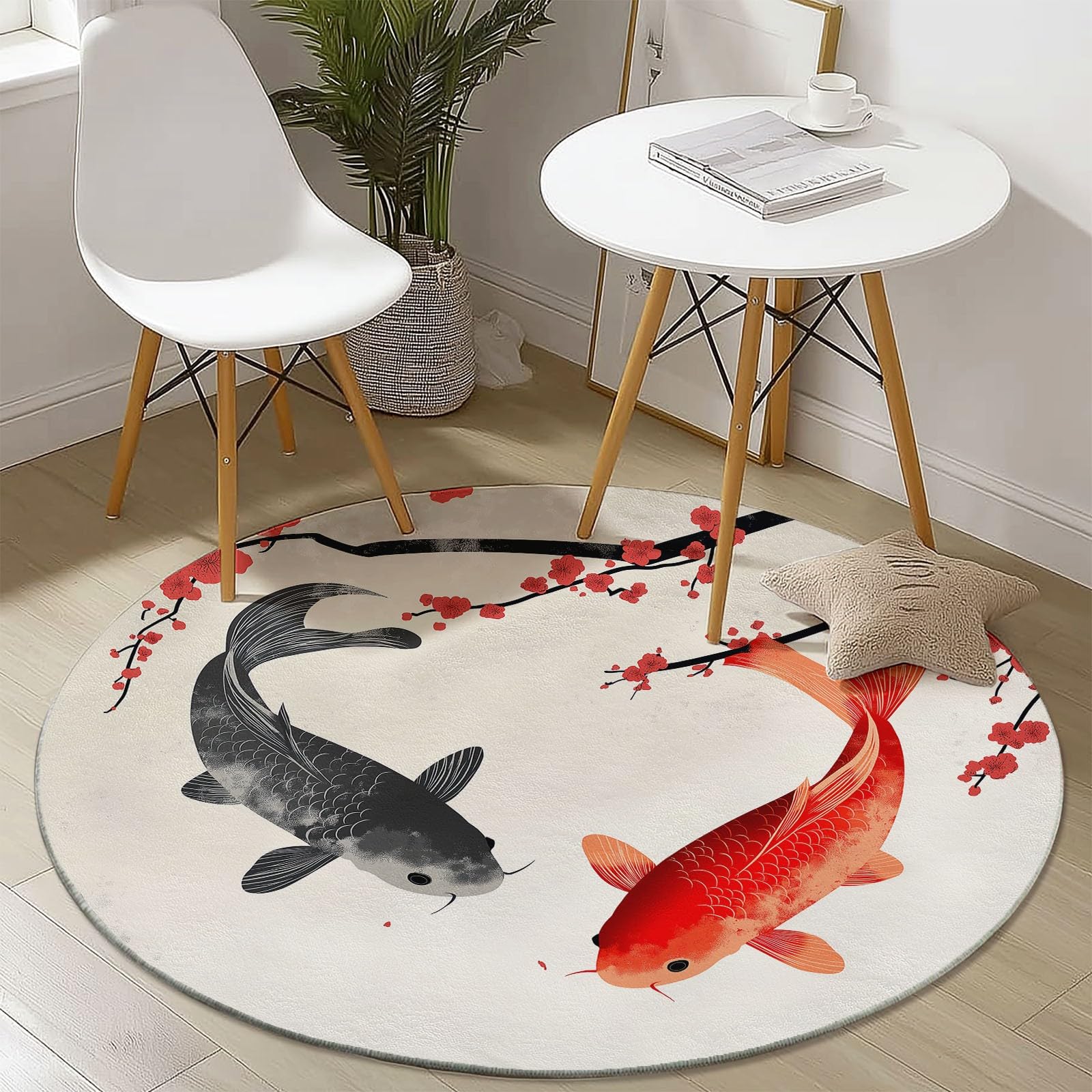 Tappeto rotondo da 210 cm, con stampa di fiori di prugna koi orientali, moderno, antiscivolo, colorato in flanella, lavabile, morbido, per stanza dei giochi, camera dei giochi, camera da letto