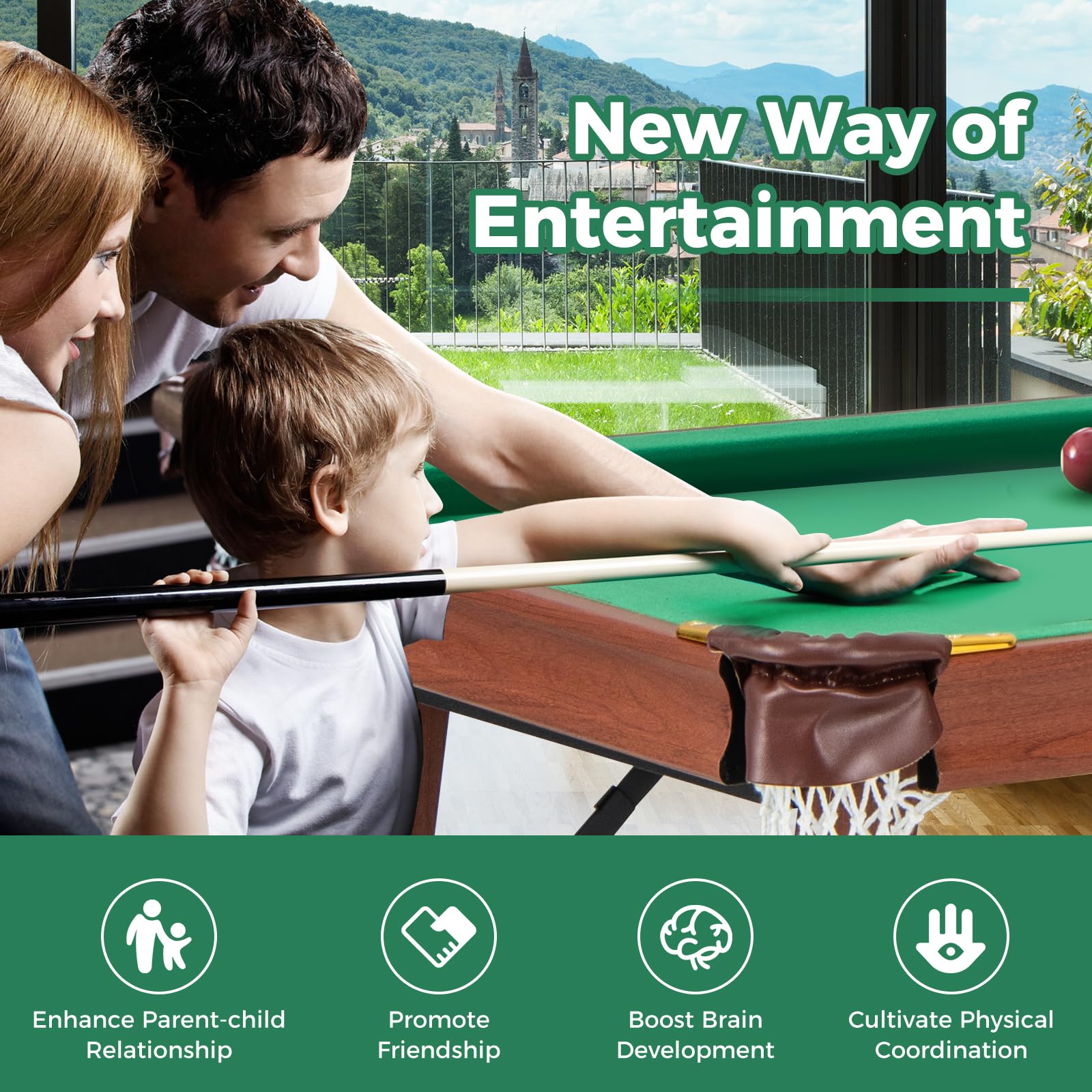 FANTASK Billiard Tisch, Tischbillard Klappbar mit 2 Queues, 2 Kreiden, 16 Bällen, Dreieck & Bürste, Pool-Billardtische für Zuhause, Bar, Billardtisch für Kinder & Erwachsene, 138 x 67 x 79,5 cm