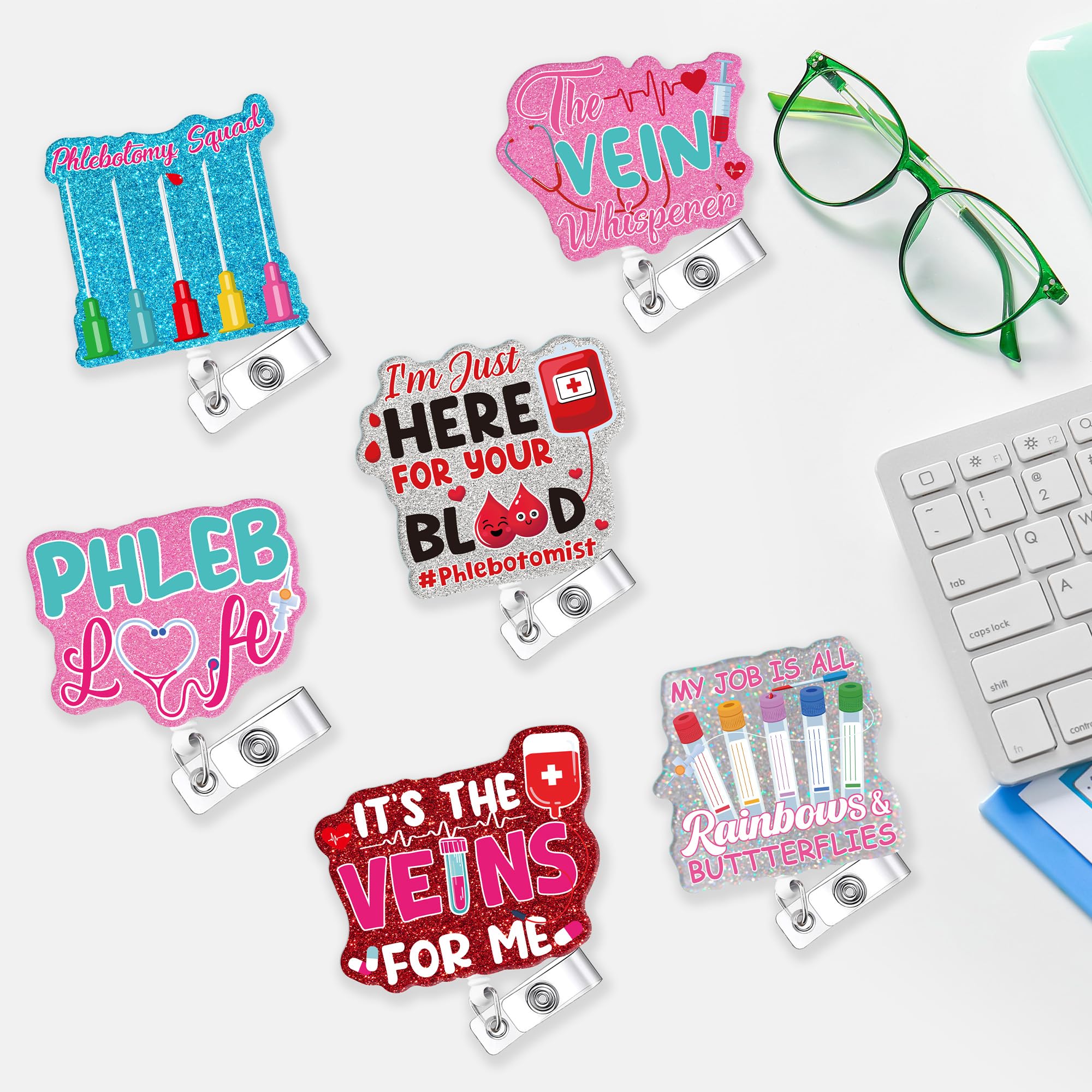 6 Pcs Phlebotomy Badge Reels, Retractable Funny Pink Glitter ID Badge Holder with Metal Clip, Phlebotomy Essentials and Phlebotomist Gifts