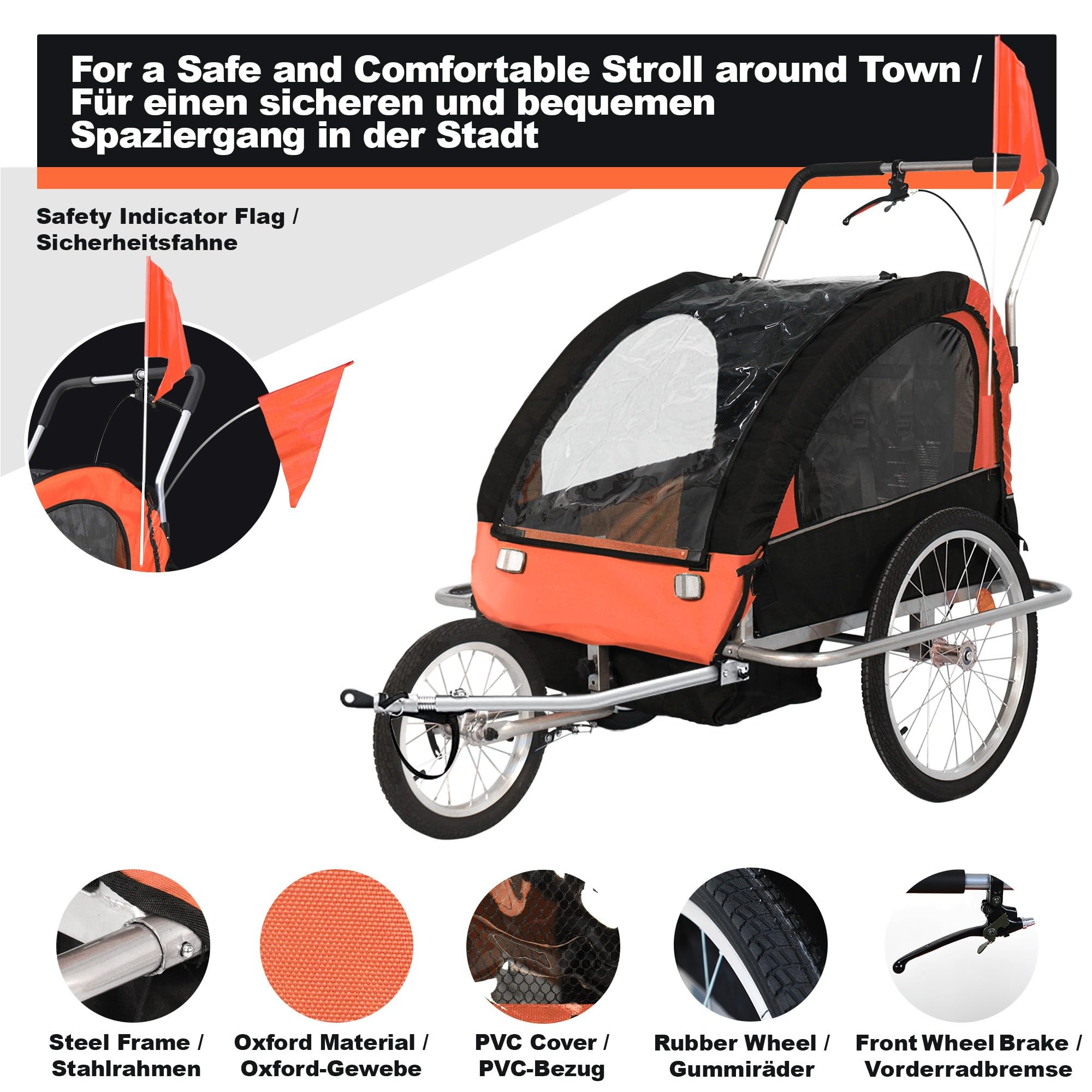 Jago® Remolque para Niños - 12+ Meses, 2 Plazas, Cinturón de Seguridad 5 Puntos, Plegable, Negro y Naranja - Cochecito de Paseo, Carrito, Bicicleta Infantil, Bici, Jogger, para Perros