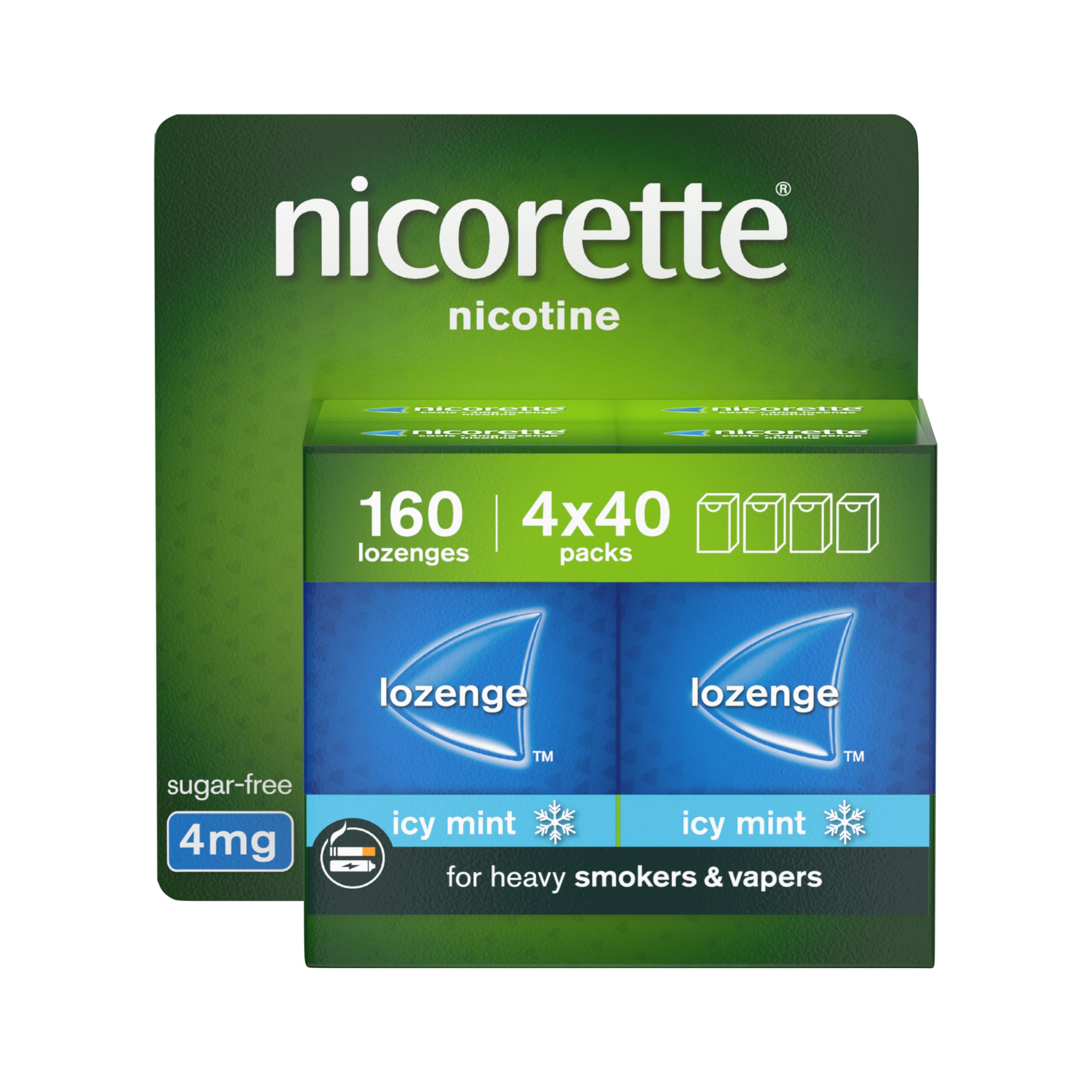 Nicorette ICY Mint 4mg Lozenge, 160 Pieces (4 x 40 Packs), Effective and Discreet Stop Smoking and Stop Vaping Aid, Nicotine Lozenges with Dual-Layer ICY Mint Flavour Release (Quit Smoking or Vaping)