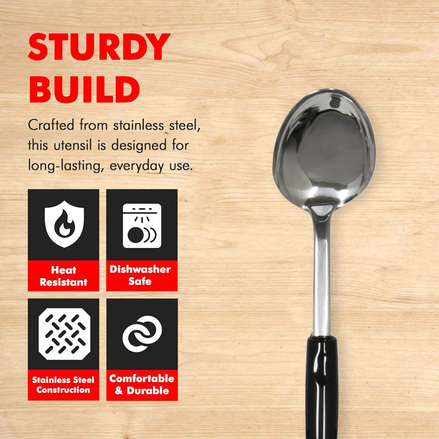 12-Inch Stainless Steel Basting Spoon with Black Handle