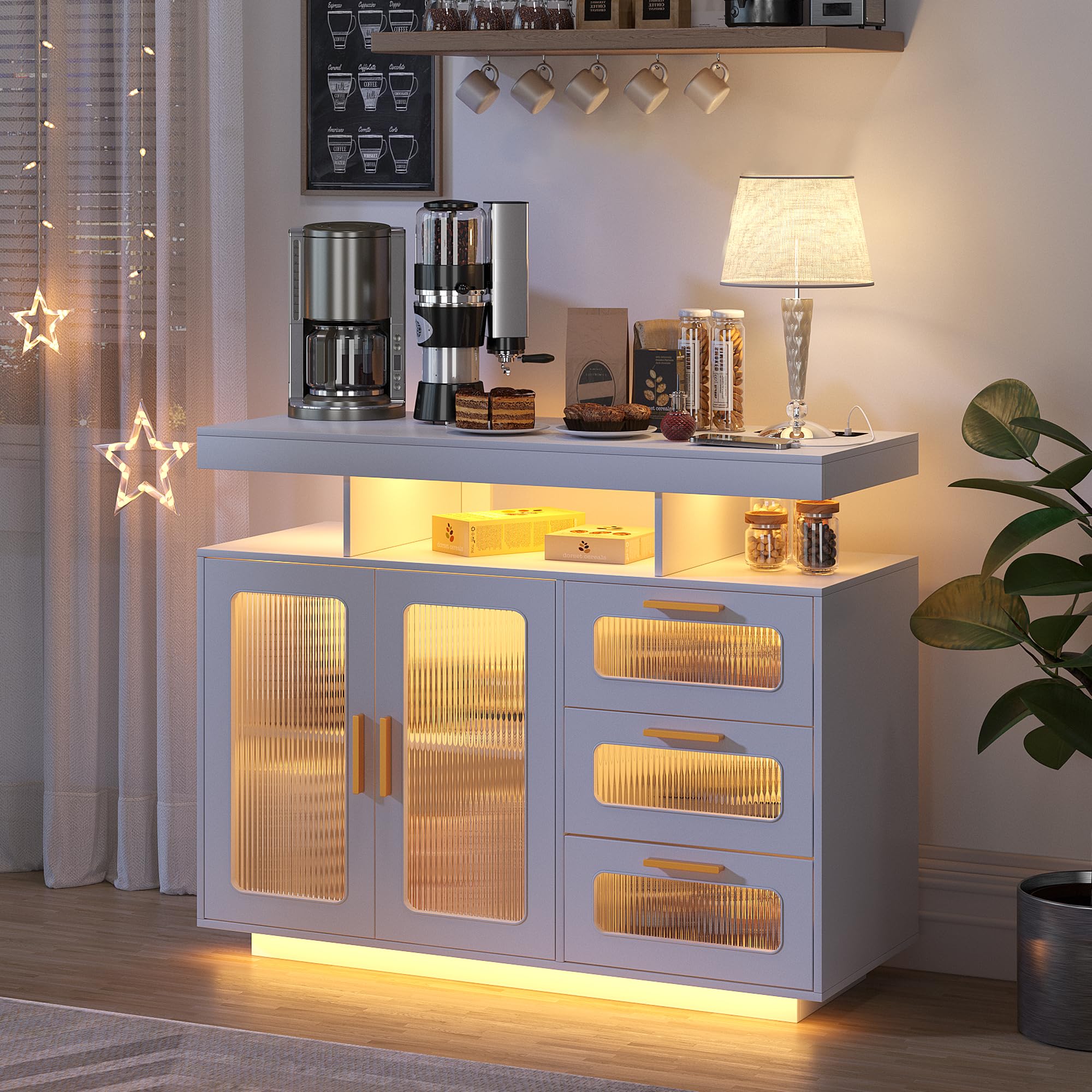 FREDEES Sideboard Buffet Cabinet with Storage, Coffee Bar Cabinet with RGB Light, Modern Coffee Bar Table with Charging Station, White