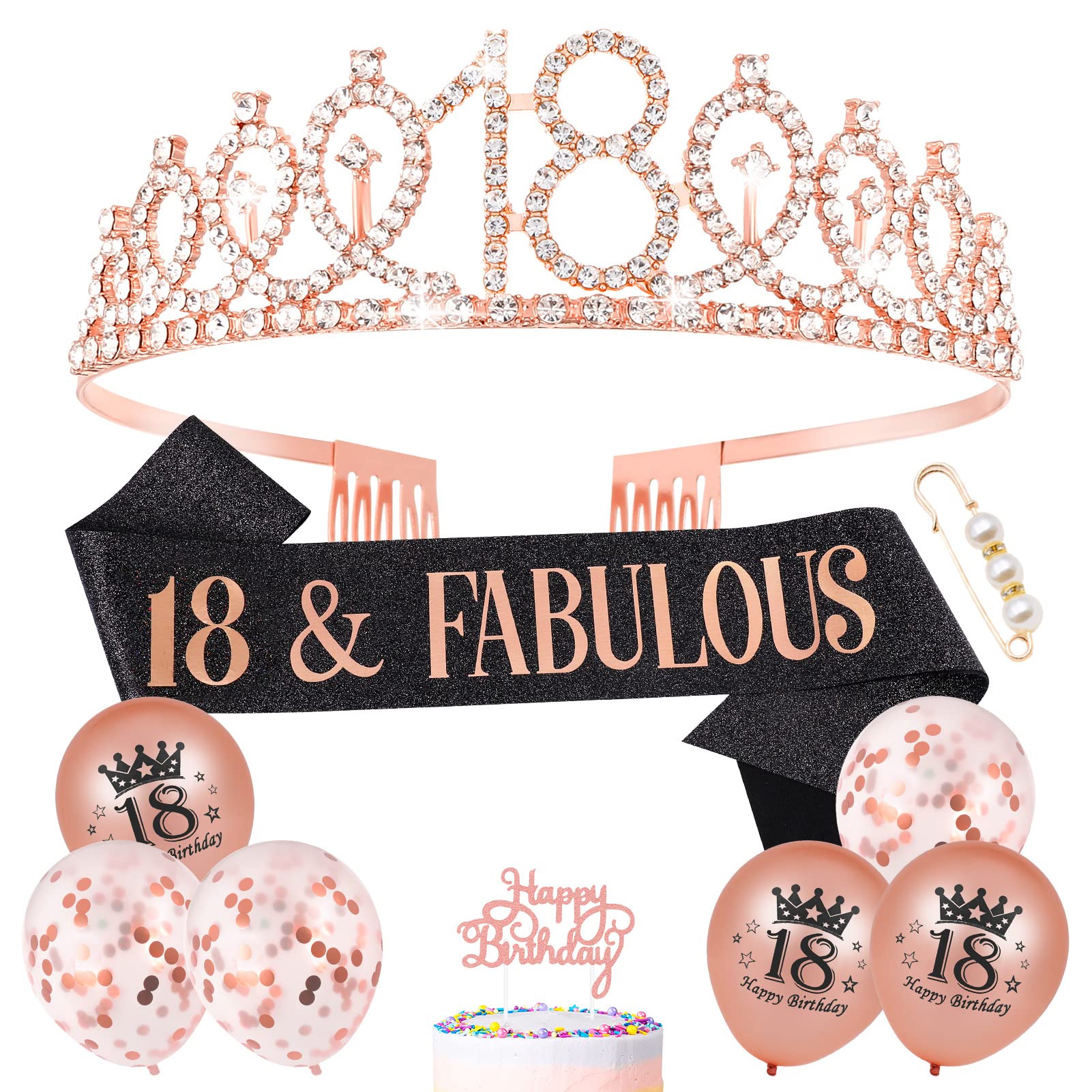 Popuppe 18th Birthday Gifts for Girls, Rose Gold Tiara,18 & Fabulous Sash Balloons Cake Topper for Birthday Party Decorations Supplies (Rose Black)