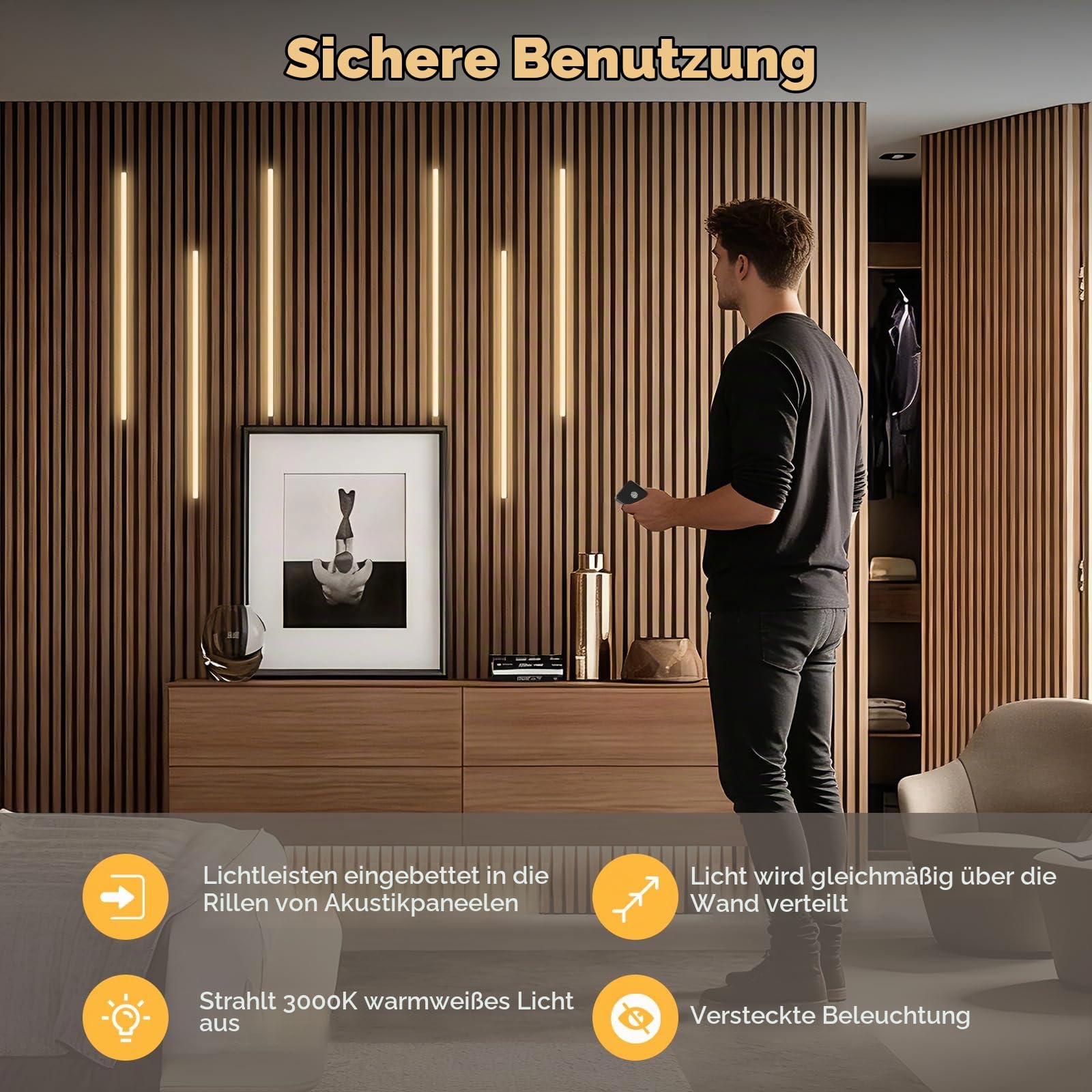 Akustikpaneele Beleuchtung, Dimmbare Zuschneidbar Eingebetteter Warmweiss 6 LED Strips mit Berührungssensor Einfache Installation für Akustikpaneele Regale Schränke Unterflurbeleuchtung