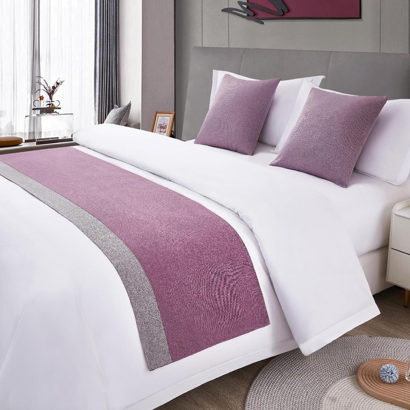 TTiiLoe Hotel Bed Runner Double-sided Bed Cover, Cotton Linen Bed Scarves Bedspreads Throw Decor Protection, F-Purple Grey, 50 * 210cm for 1.5m Bed