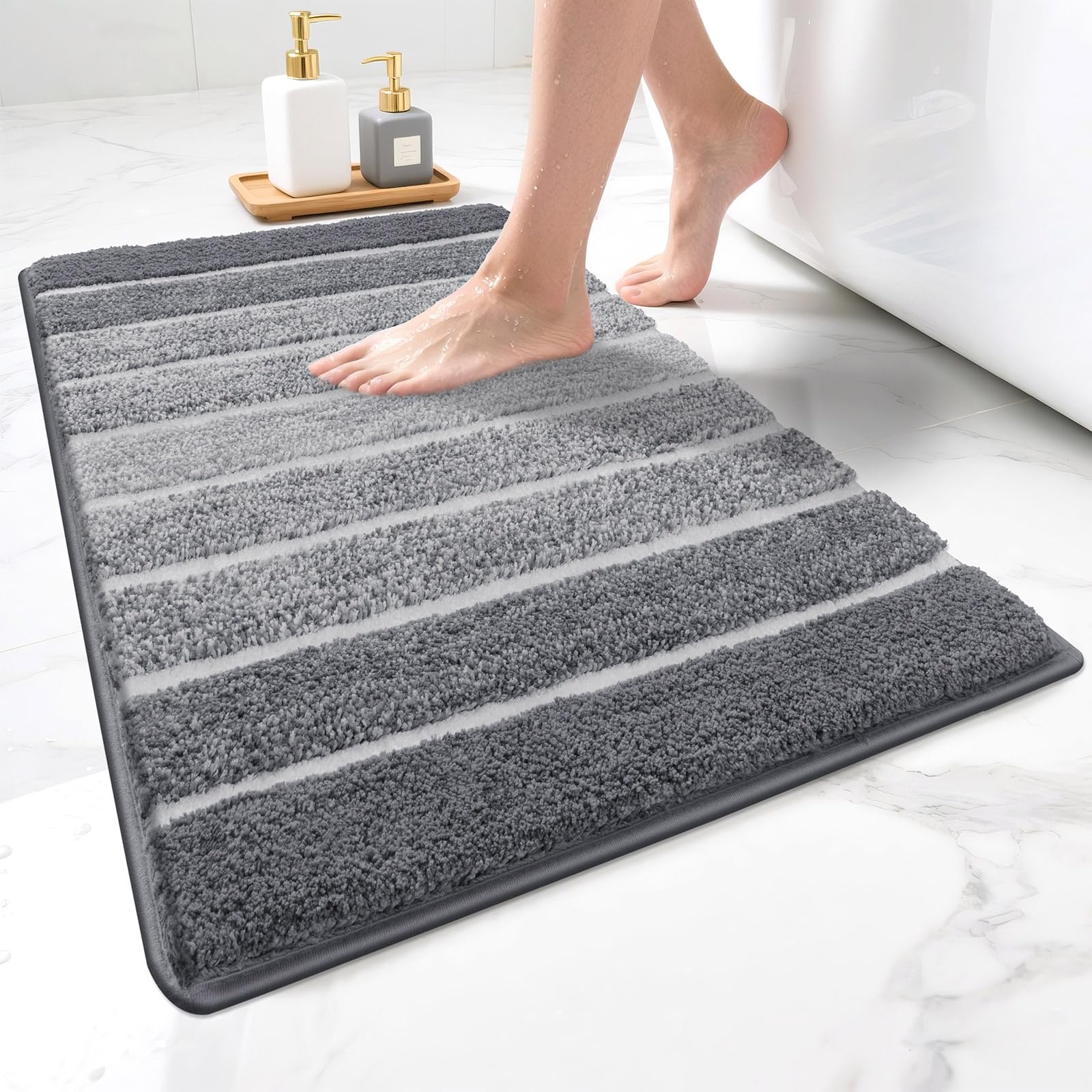 SHACOS Non-Slip Bath Mat 45 x 65 cm, Washable Absorbent Extra Soft Microfiber Bathroom Rug for Shower Floor, Bathroom, Grey