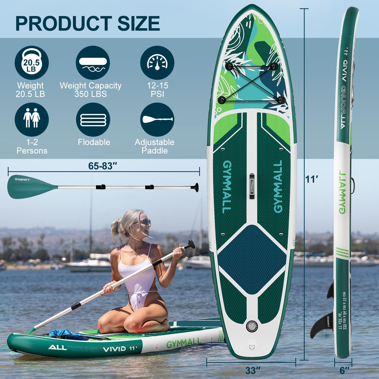 ABYSUP 11'x33"x6" Inflatable Stand Up Paddle Board With Seat - Extra Wide, 350 Lb Capacity, Includes Accessories (Blue/Pink)