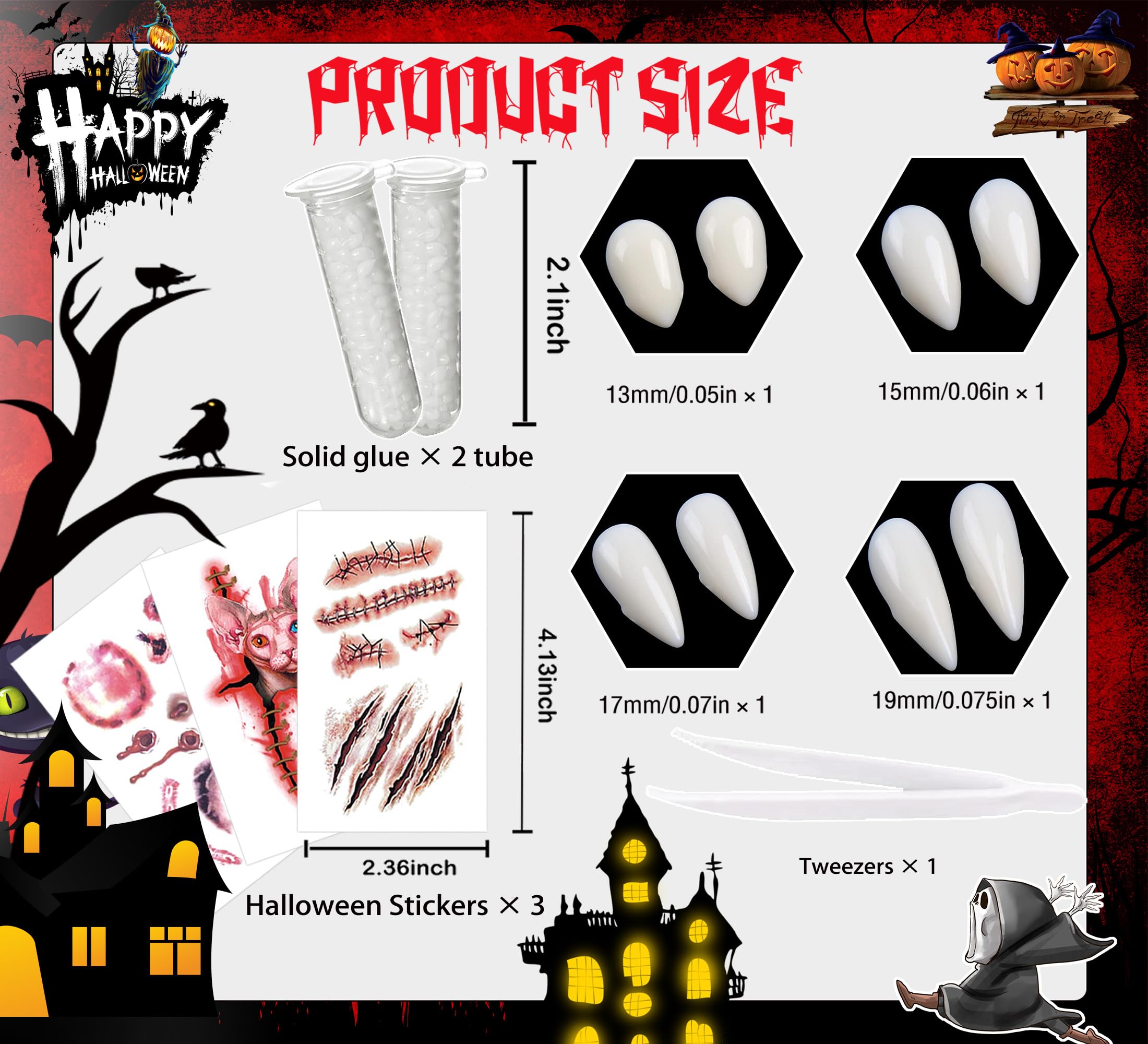 Huhemy Vampiertandenset in 4 maten, vampiertanden met 1 buis tandpellets lijm en 2 vellen Halloween tattoo, vampiervangs voor cosplay, party, rekwisieten, Halloween vampiertanden