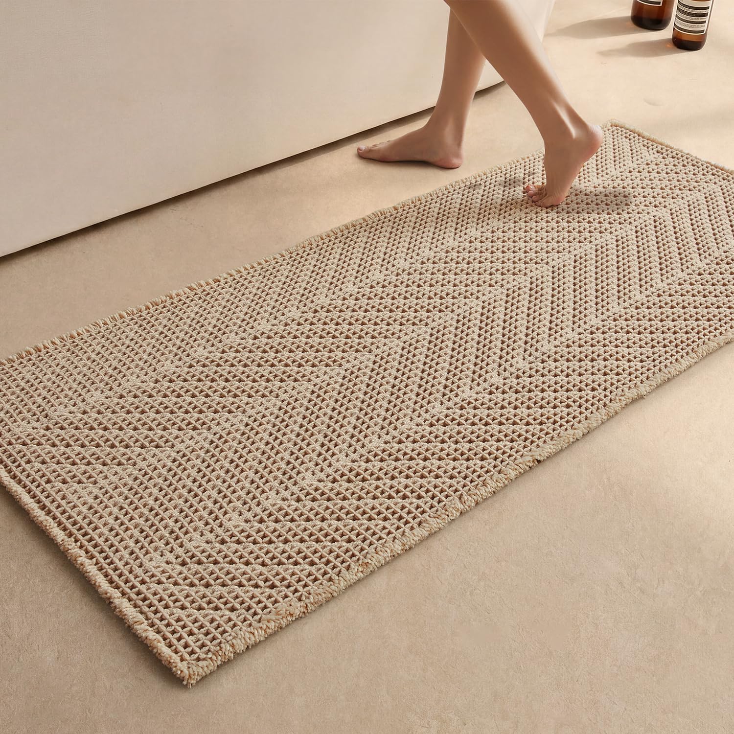 Photo 1 of Sunfly Waffle Runner Rug Bathroom, Boho Bath Mat Super Absorbent & Quick Dry, Non-Slip Washable with Tassels, Ultra Soft Farmhouse Long Bathroom Rug 24"x60" Beige