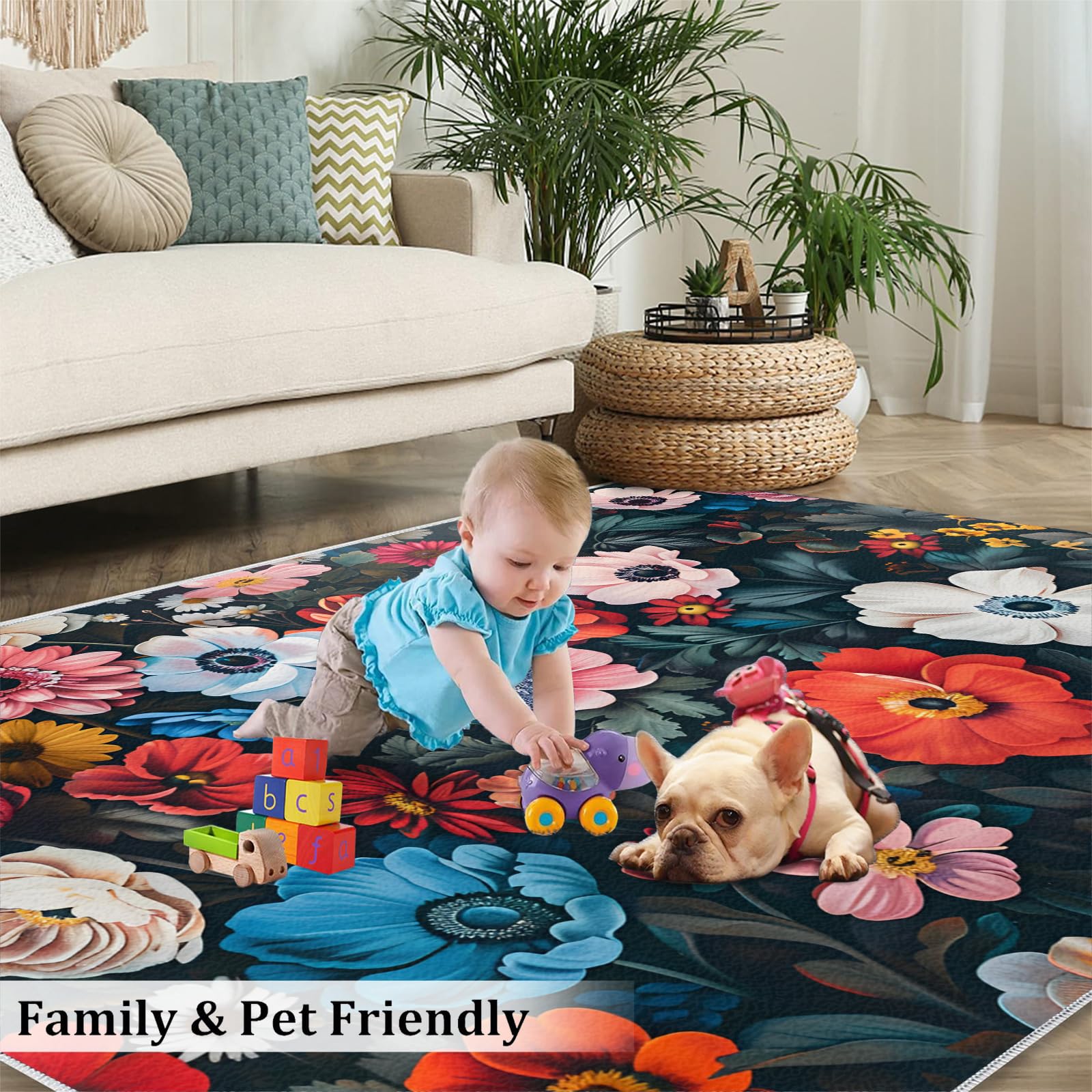 Tapis à fleurs pour chambre de fille - 150 x 180 cm - Antidérapant - Lavable - Motif botanique vintage - Tapis doux à poils courts - Motif floral