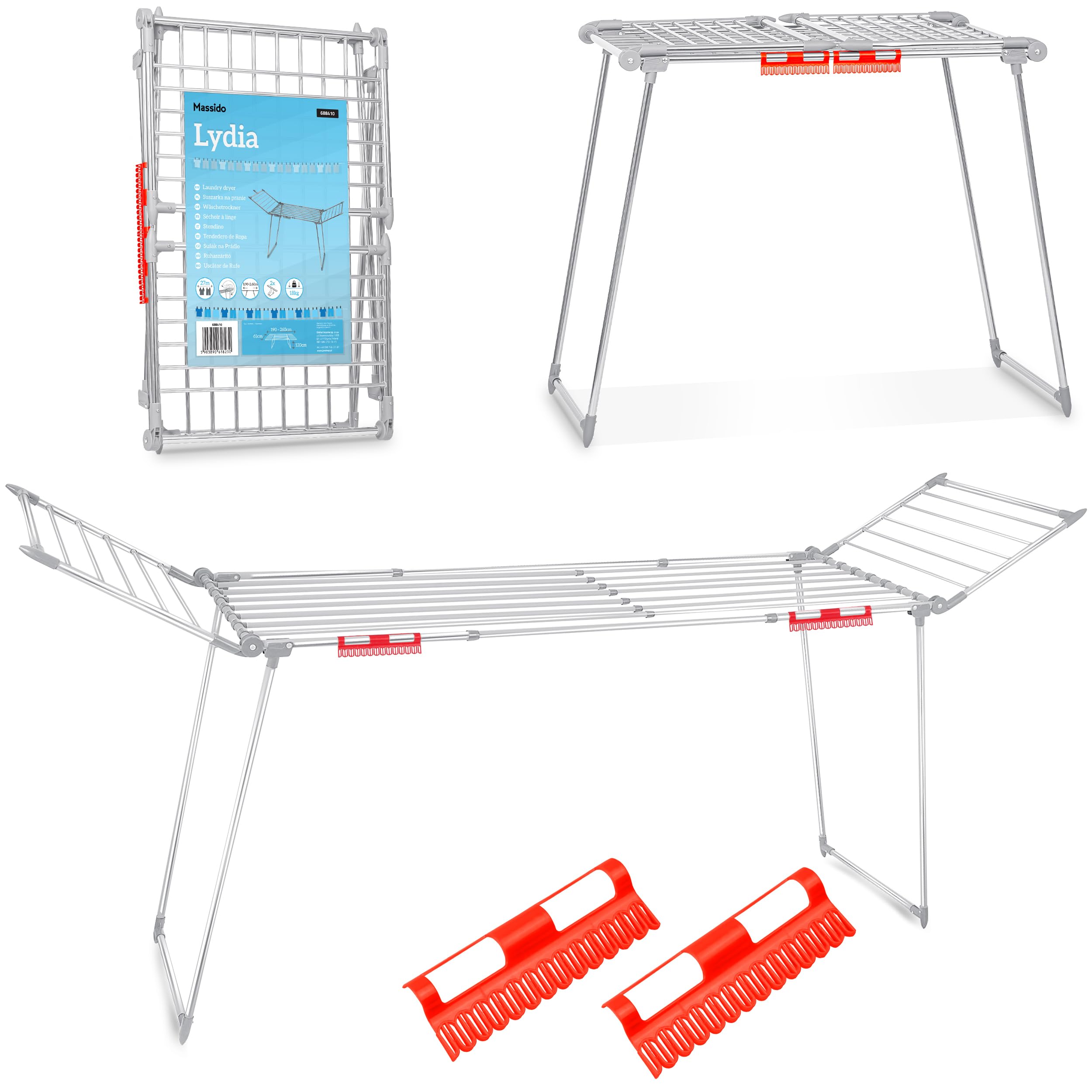 Wäscheständer XXL Rostfrei Outdoor Ausziehbar Teleskopisch Wäscheflügeltrockner Wäschetrockner Ständer Stabil Mit Rutschfesten Füßen Große Trockenfläche 27 M Lydia 190-260 x 60 x 117 cm