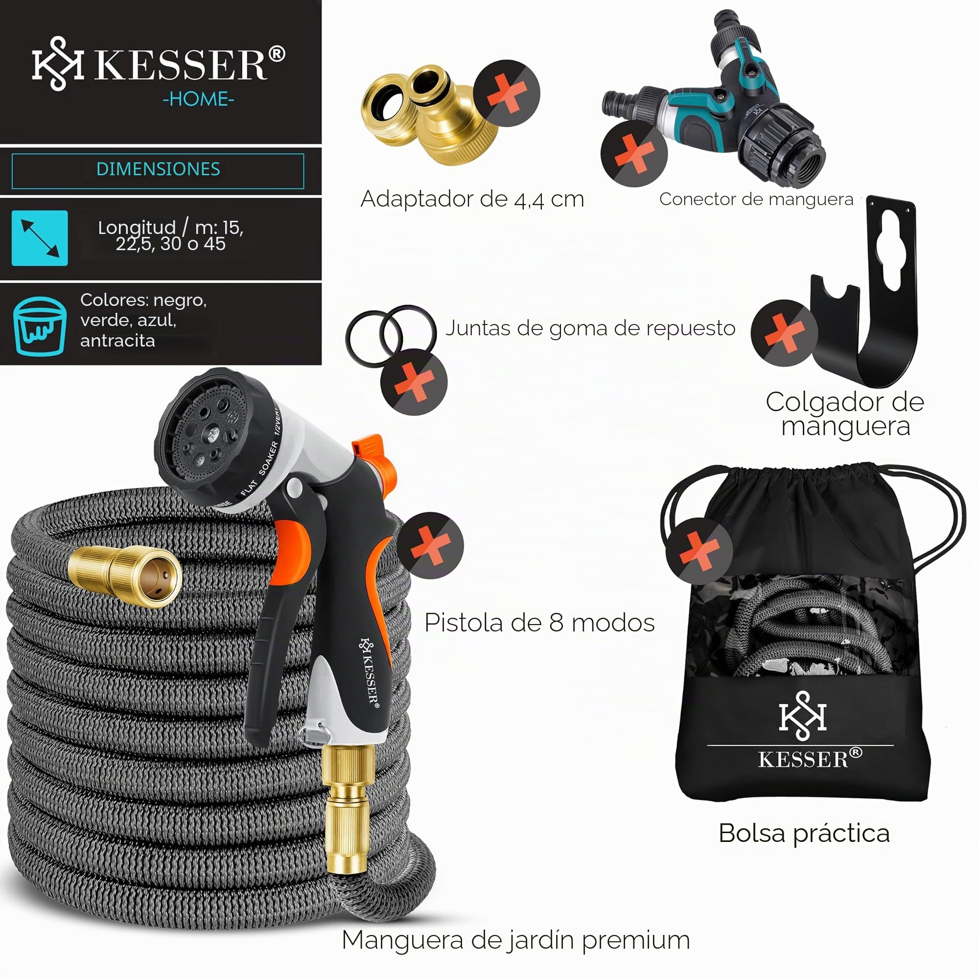 KESSER® Manguera de Jardín Flexible Premium | Expansible + Soporte de Pared | Manguera de Agua Flexible con Núcleo de Látex de Triple Capa | Conexiones de Latón de 22,5 metros Antracita