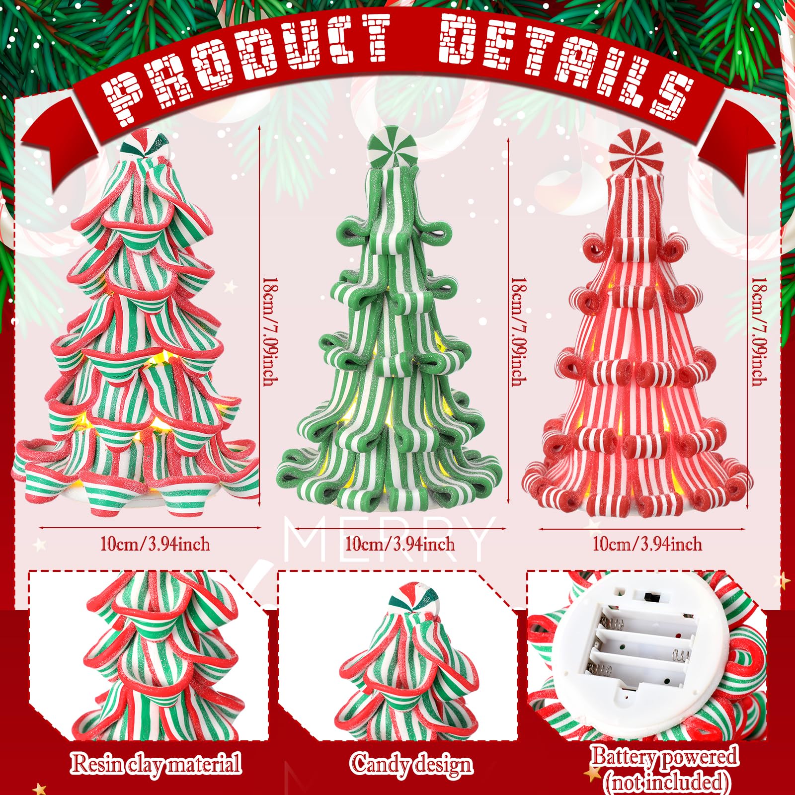 Suzile Lot de 3 rubans de Noël pour décoration de table de 17,8 cm - Mini sapin lumineux en résine argile menthe poivrée pour décoration de table de Noël (rouge, vert, rose, blanc)