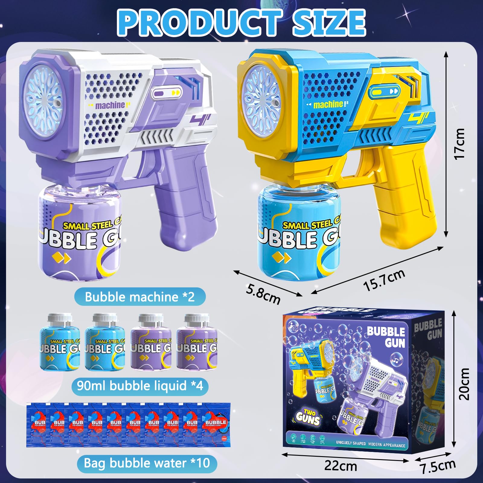 2 Pistolas de Burbujas para Niños, Máquina Automática de Burbujas LED de Jabón 10000+ Burbujas con 4 Soluciones (90 ml), Juguete de Verano, Regalos para Cumpleaños Fiestas, Aire Libre Bodas